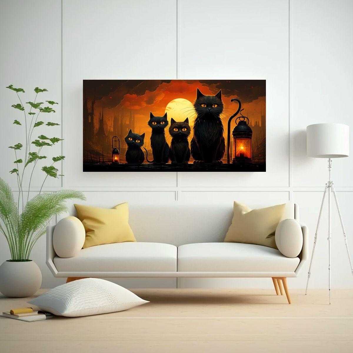 Cuadro Decorativo De Gatos Negros En Tela Canvas 100x50cm-2