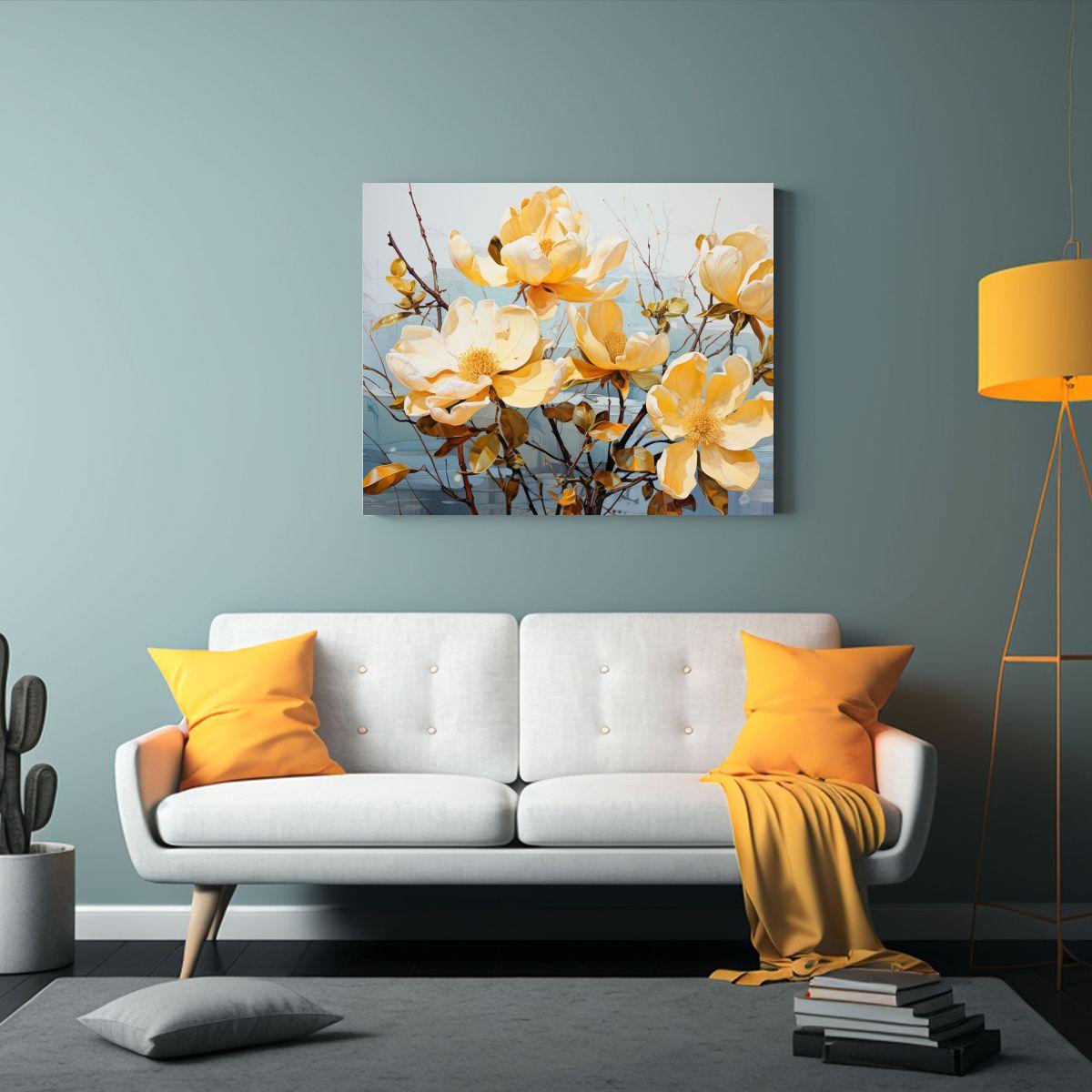 Pintura Abstracta De Magnolias Amarillas En Tela: 50x40cm-2