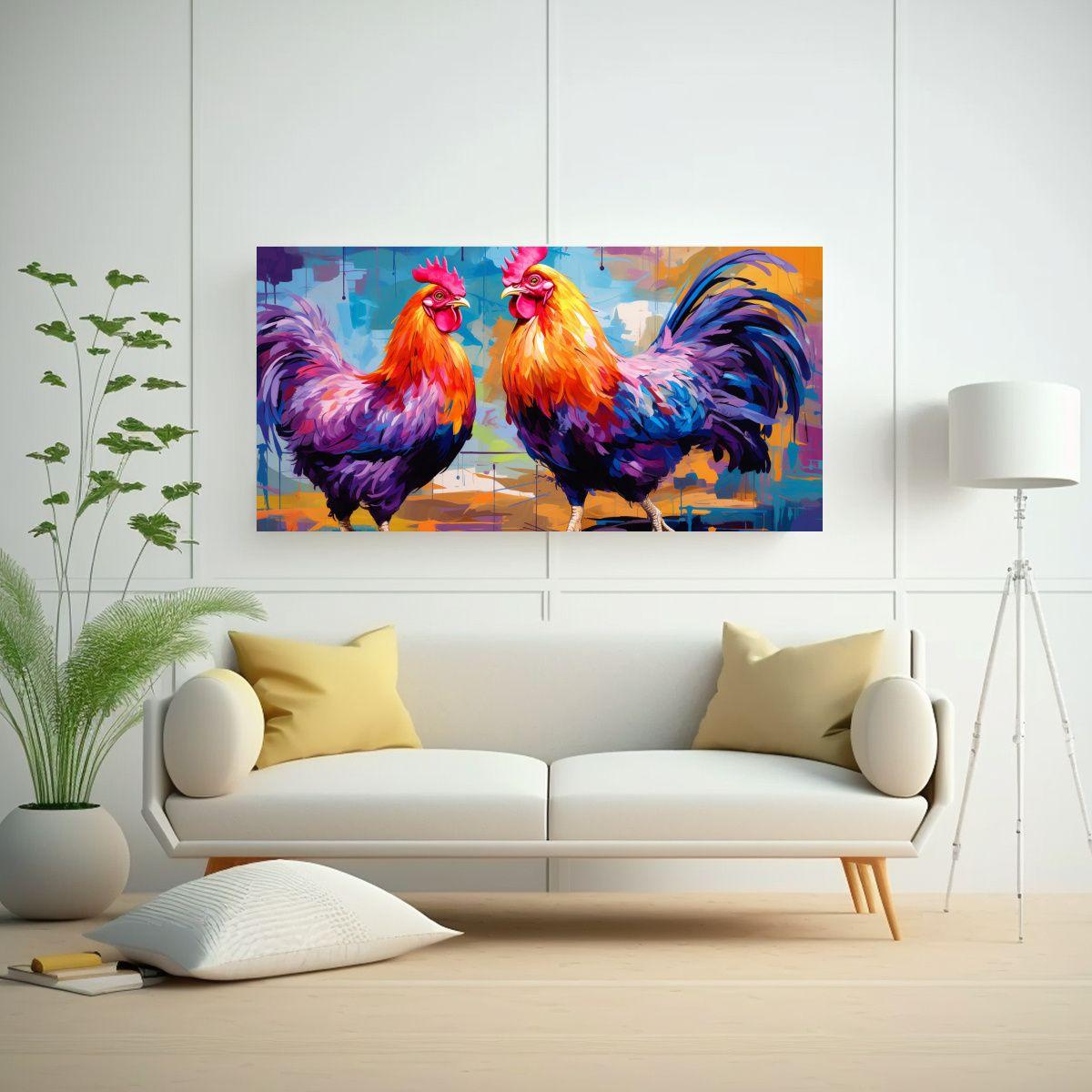 Pinturas Decorativas De Gallinas Y Gallos En Tonos 140x70cm-2