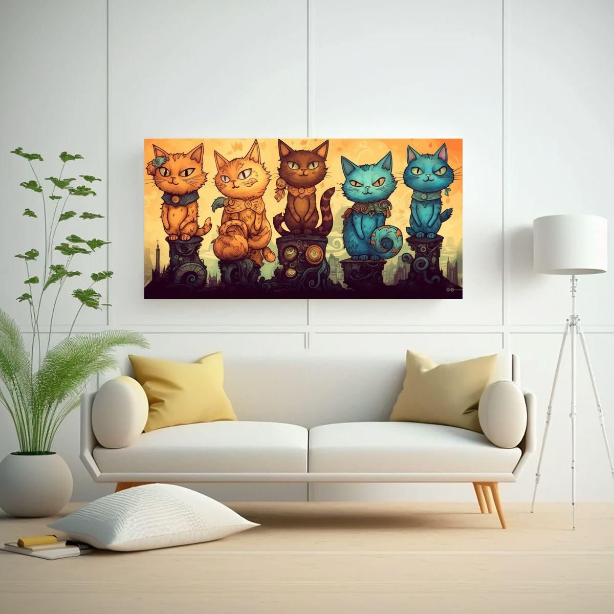 Cuadro Pared Gatos En Pila Mirando Colores Líneas 160x80cm-2