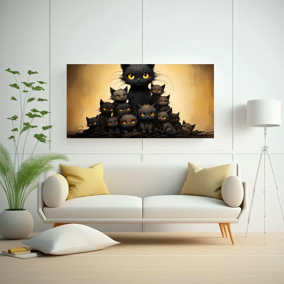 Lienzo De Tela Con Pila De Gatos Negros Sobre 40x20cm-2