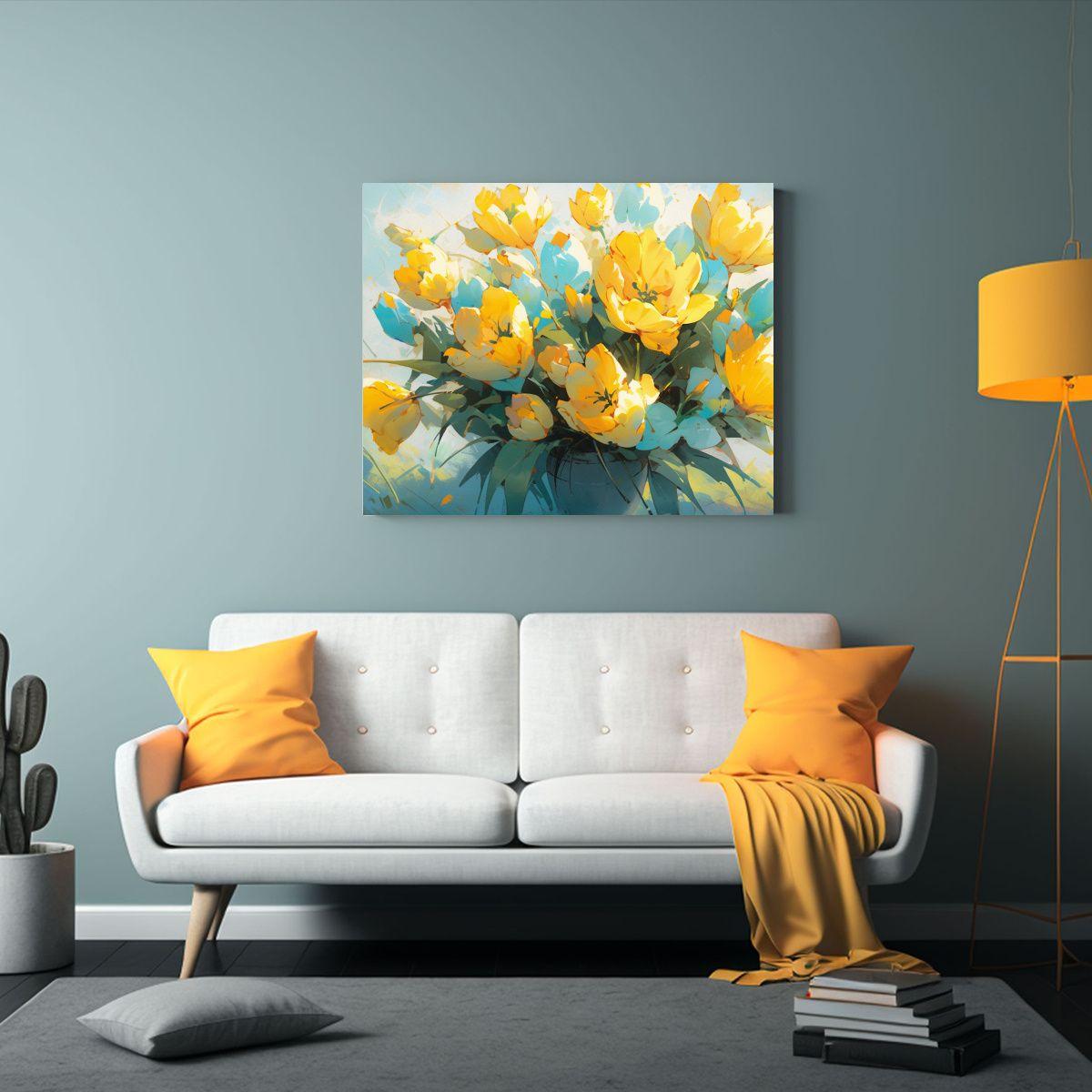 Cuadro En Lienzo De Flores Amarillas Y Turquesas Con Composi 30x20cm-2