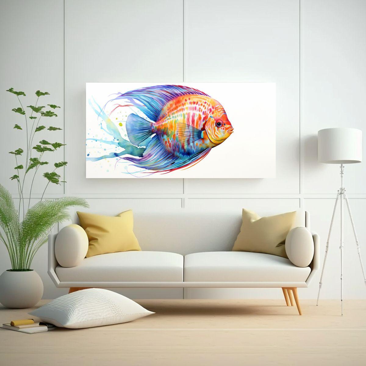 Pintura Acuarela Estilo Pez Disco Colores Vibrante 100x50cm-2