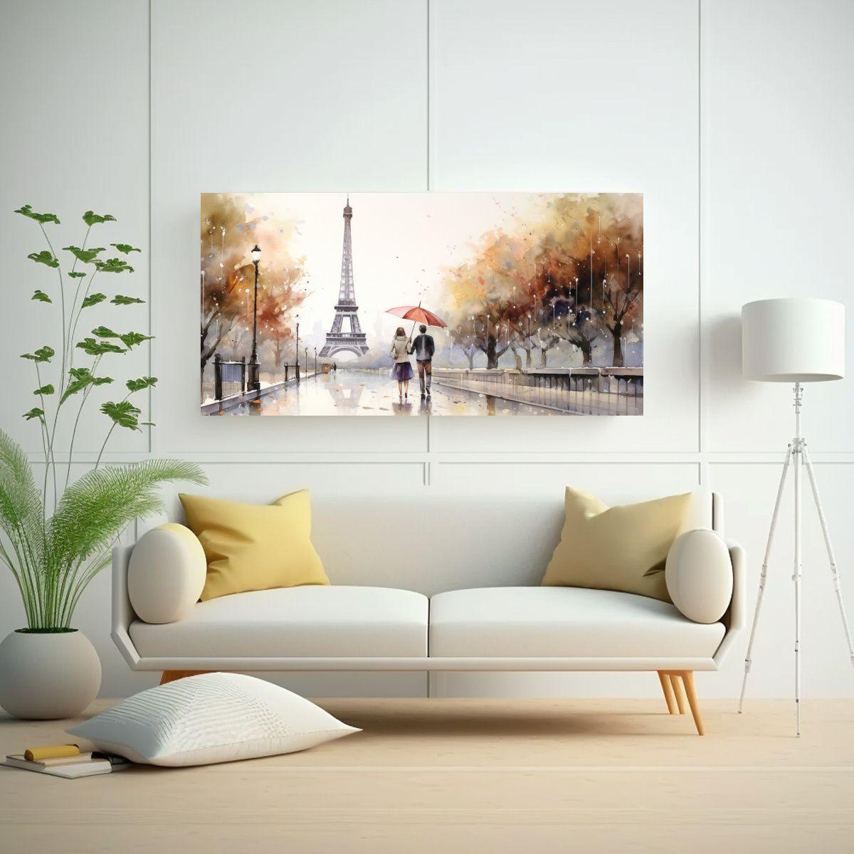 Pareja Joven Caminando Frente A La Torre Eiffel 40x20 Cm-2