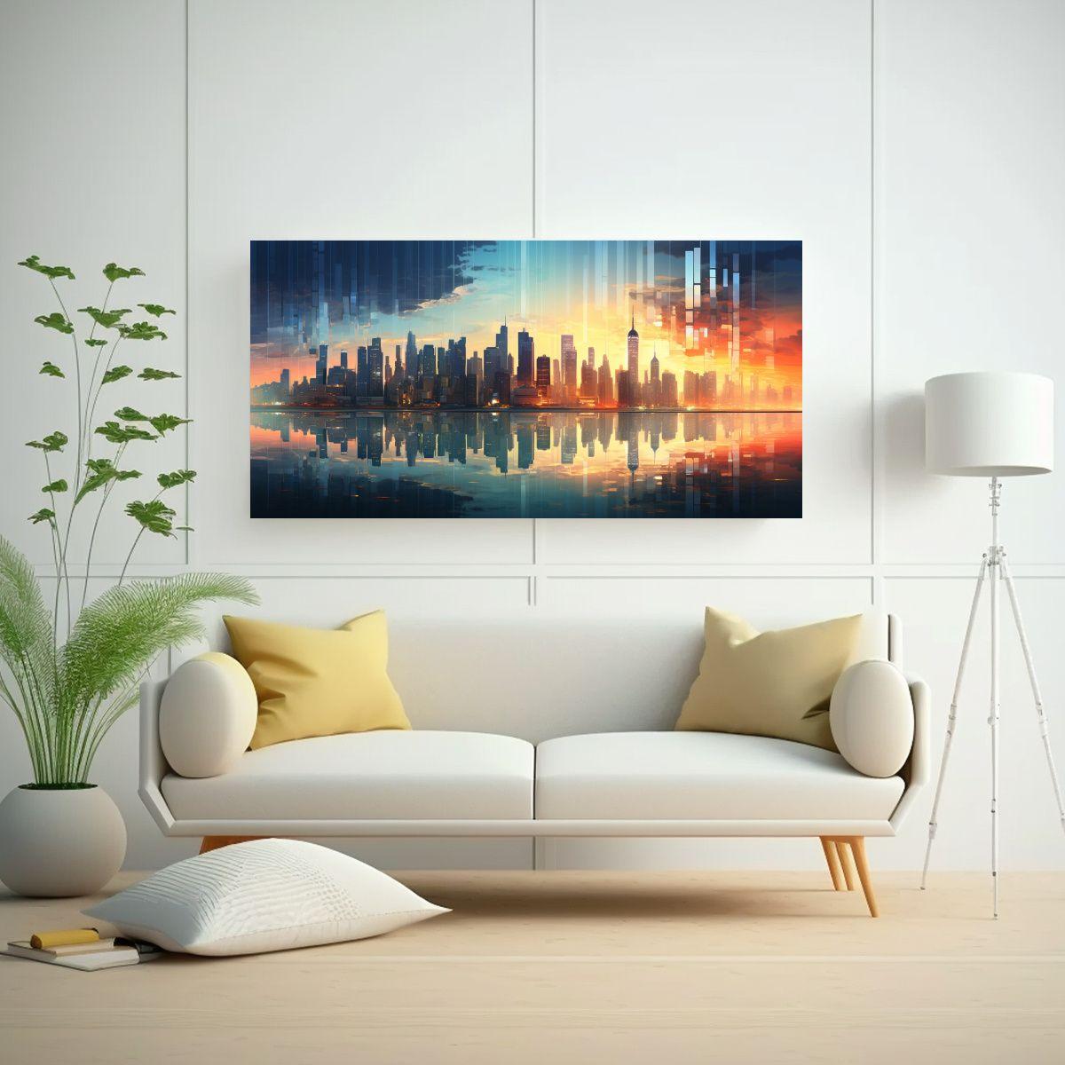 Pintura En Bastidor De Ciudad Al Amanecer Con Luz 100x50cm-2