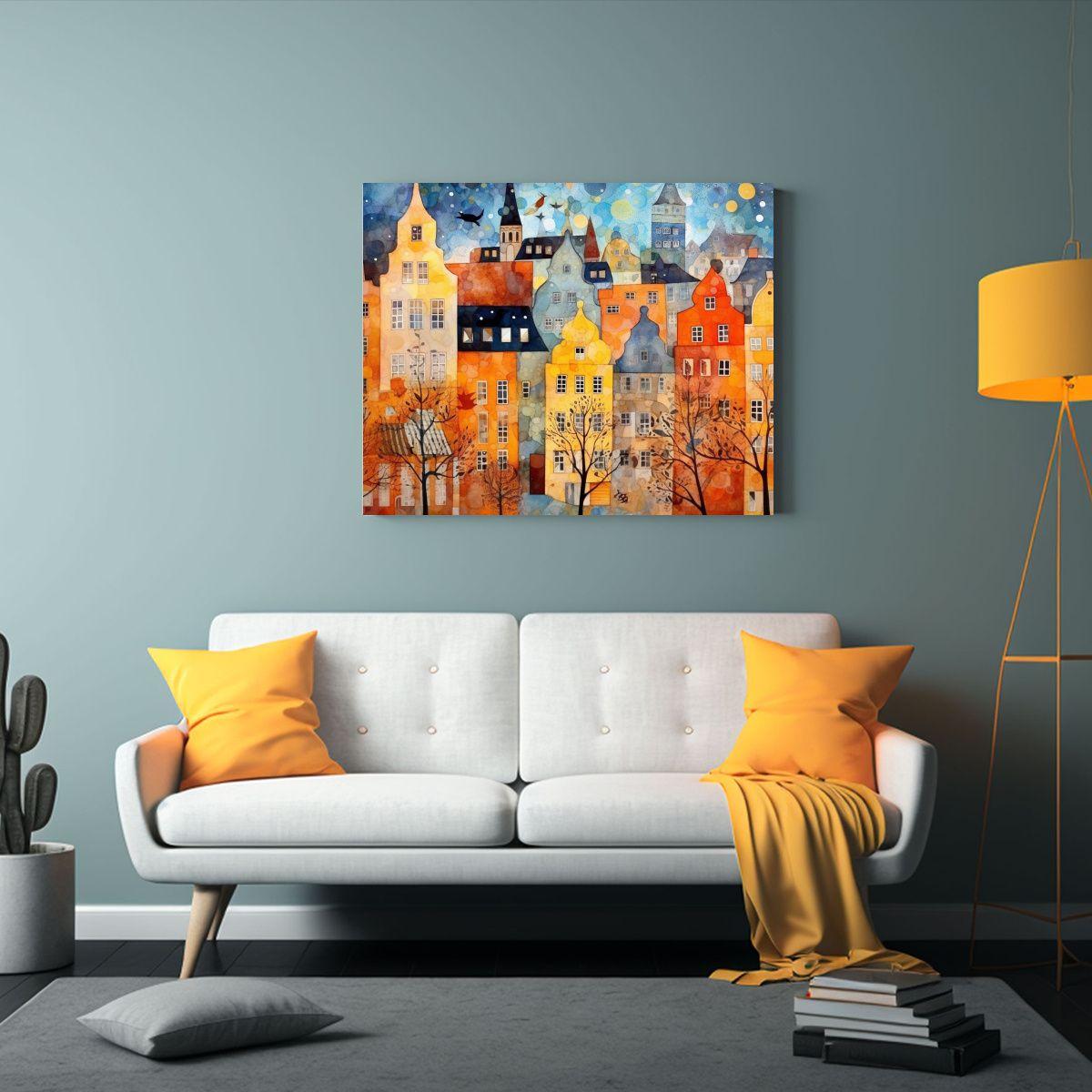 Cuadro Tonos Urbanos De Ciudad Sueca En Acuarela 90x60 Cm-2