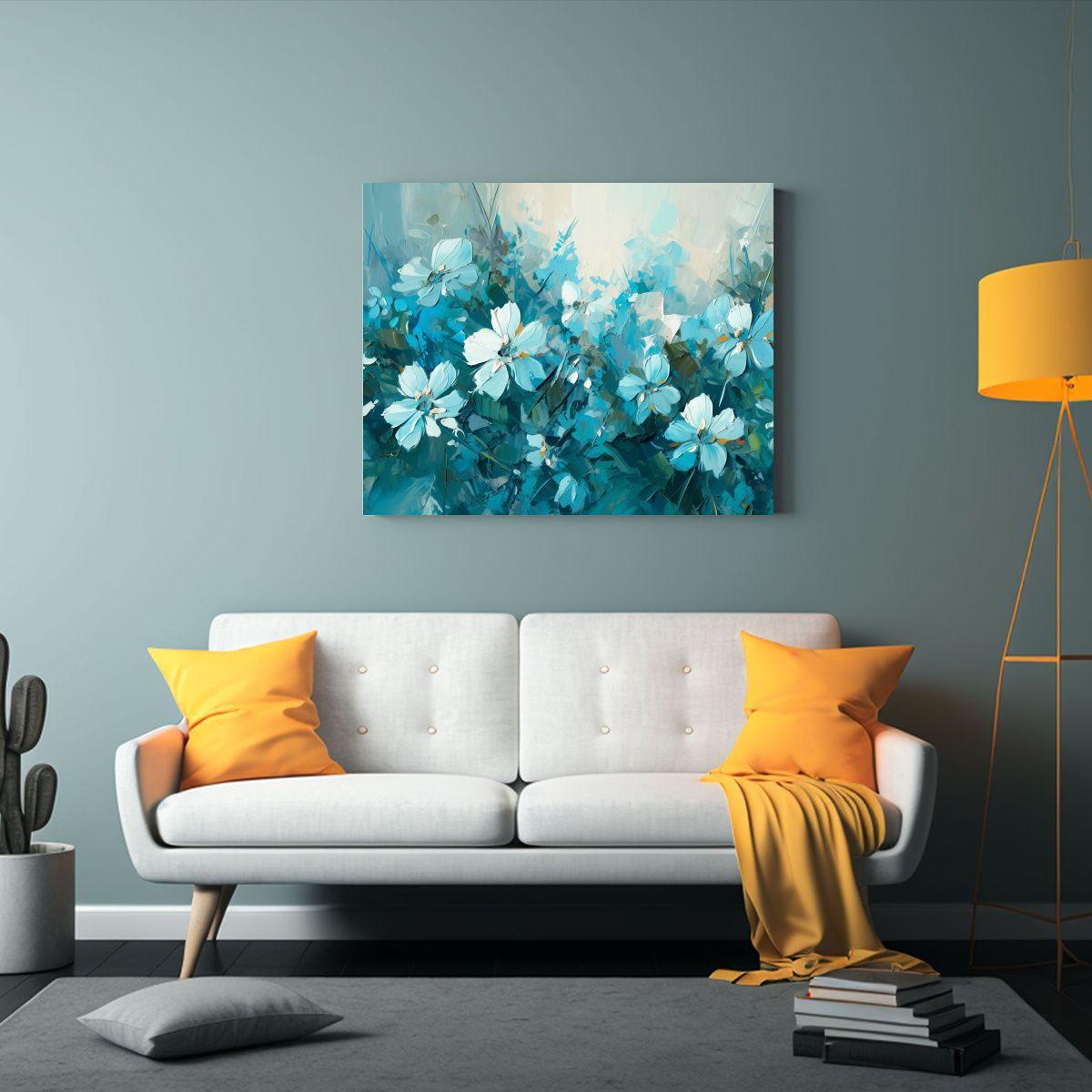 Cuadro Moderno Hogar Deco Flores En Turquesa Y Azul Sobre Li 65x50cm-2