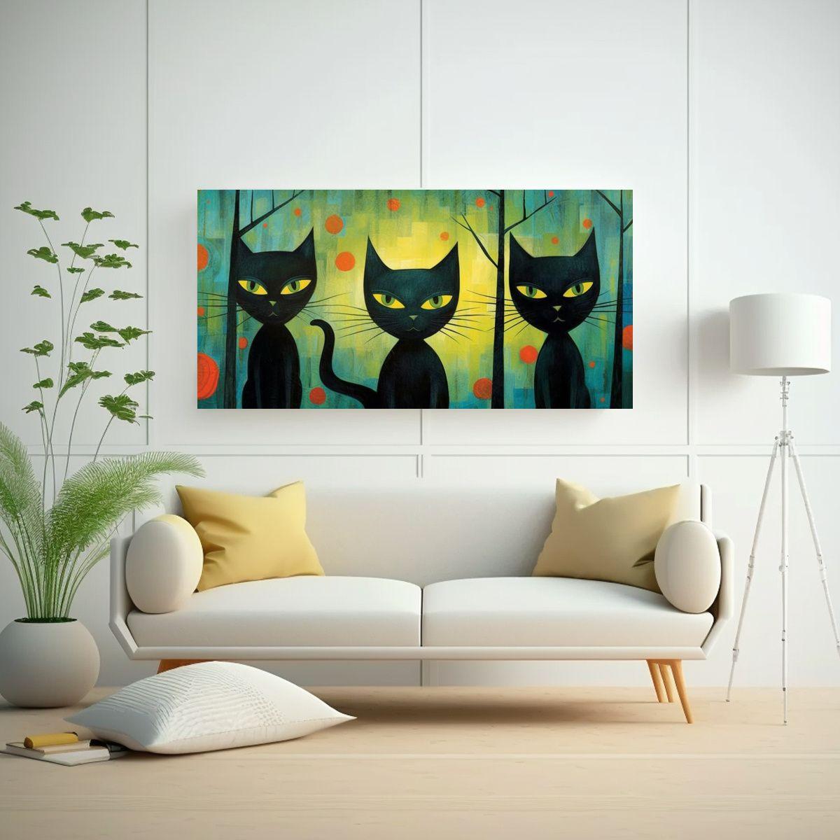 Cuadro Negro De Gatos En Estilo Cálido: Pintura 160x80cm-2