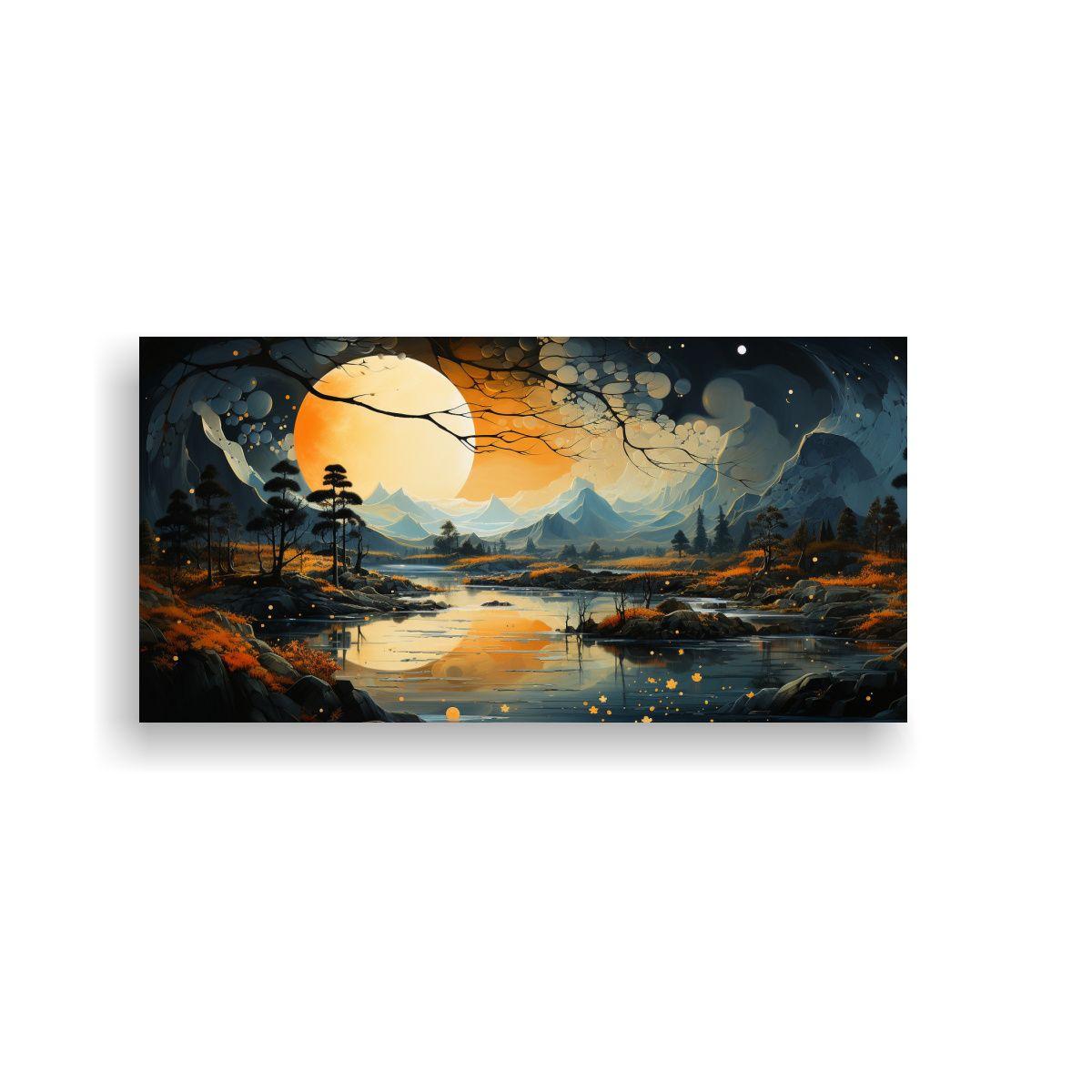 Pintura De Arte: Luna Cerca De Montañas Con 60x30cm-0