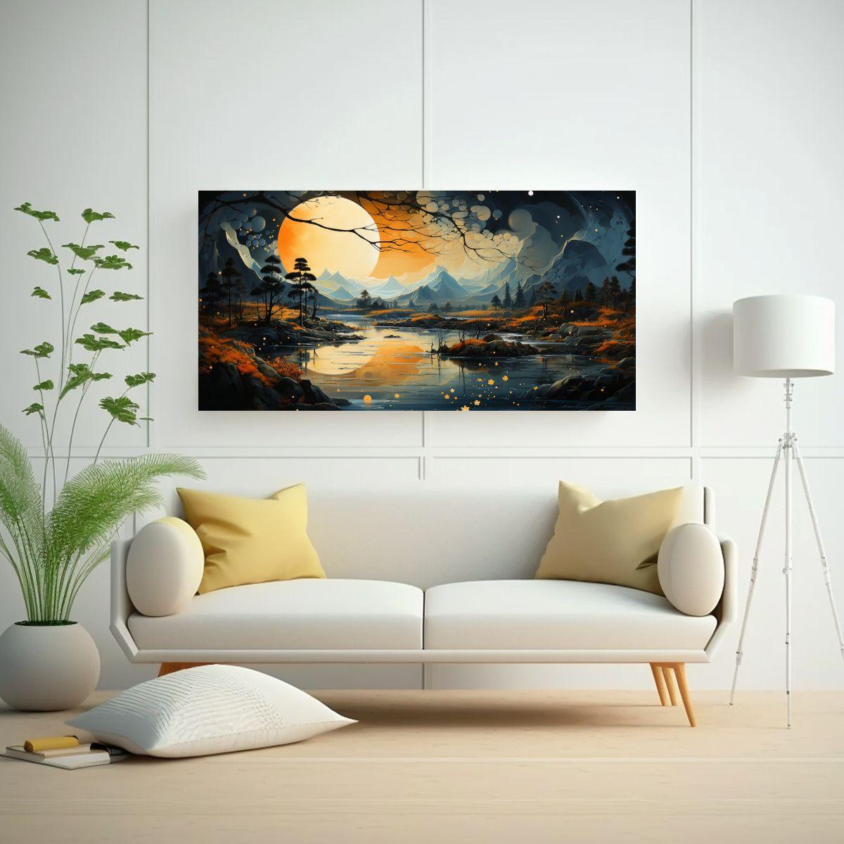Pintura De Arte: Luna Cerca De Montañas Con 60x30cm-2