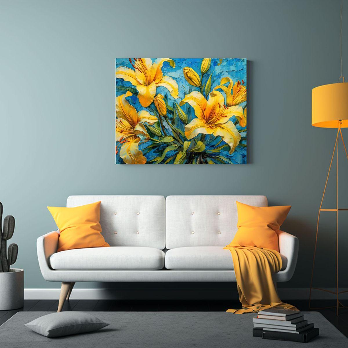 Pintura Mural De Lirios Amarillos Sobre Fondo Azul De Alto C 30x20cm-2