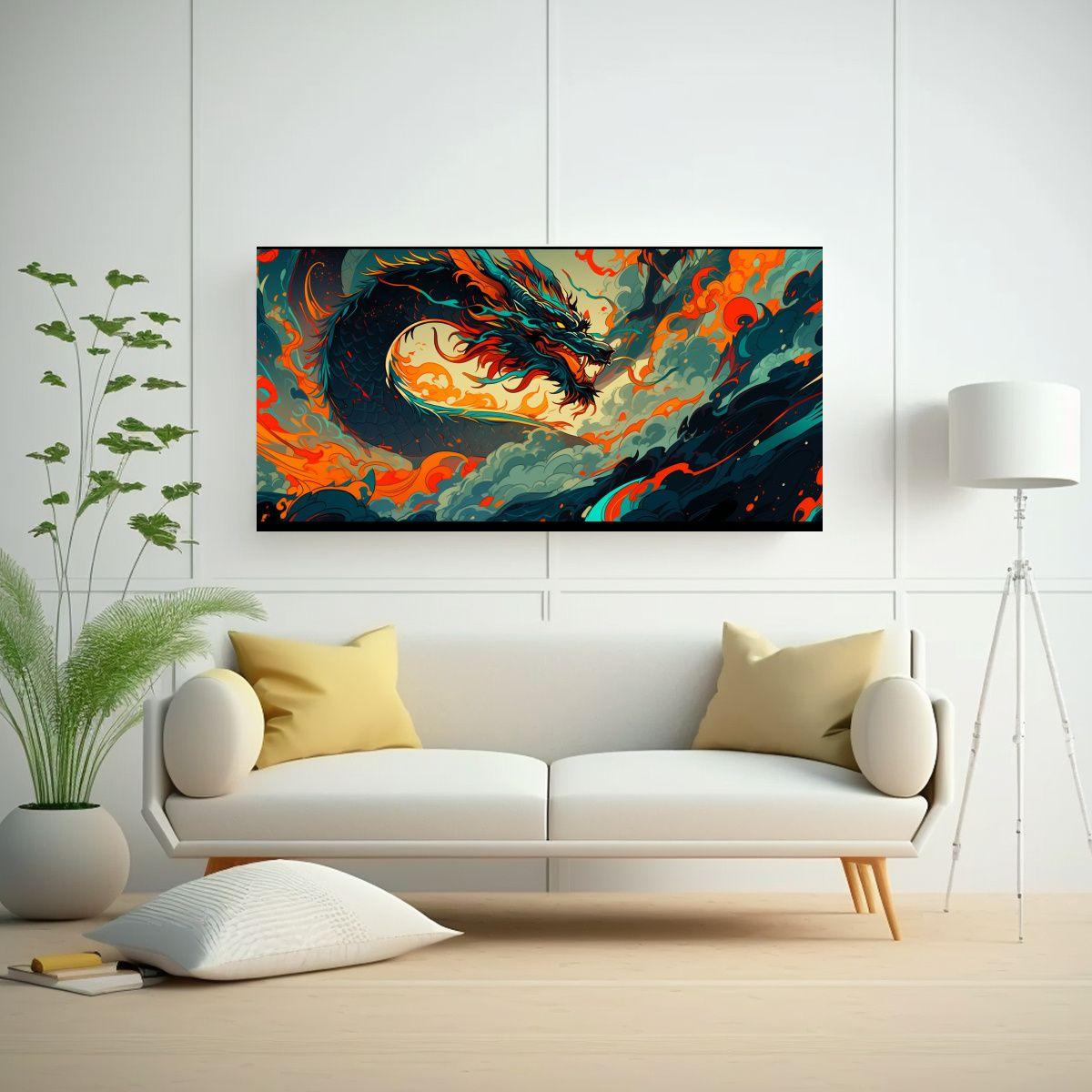 Pintura De Pared: Dragón En Turquesa Y Naranja, A 140x70cm-2