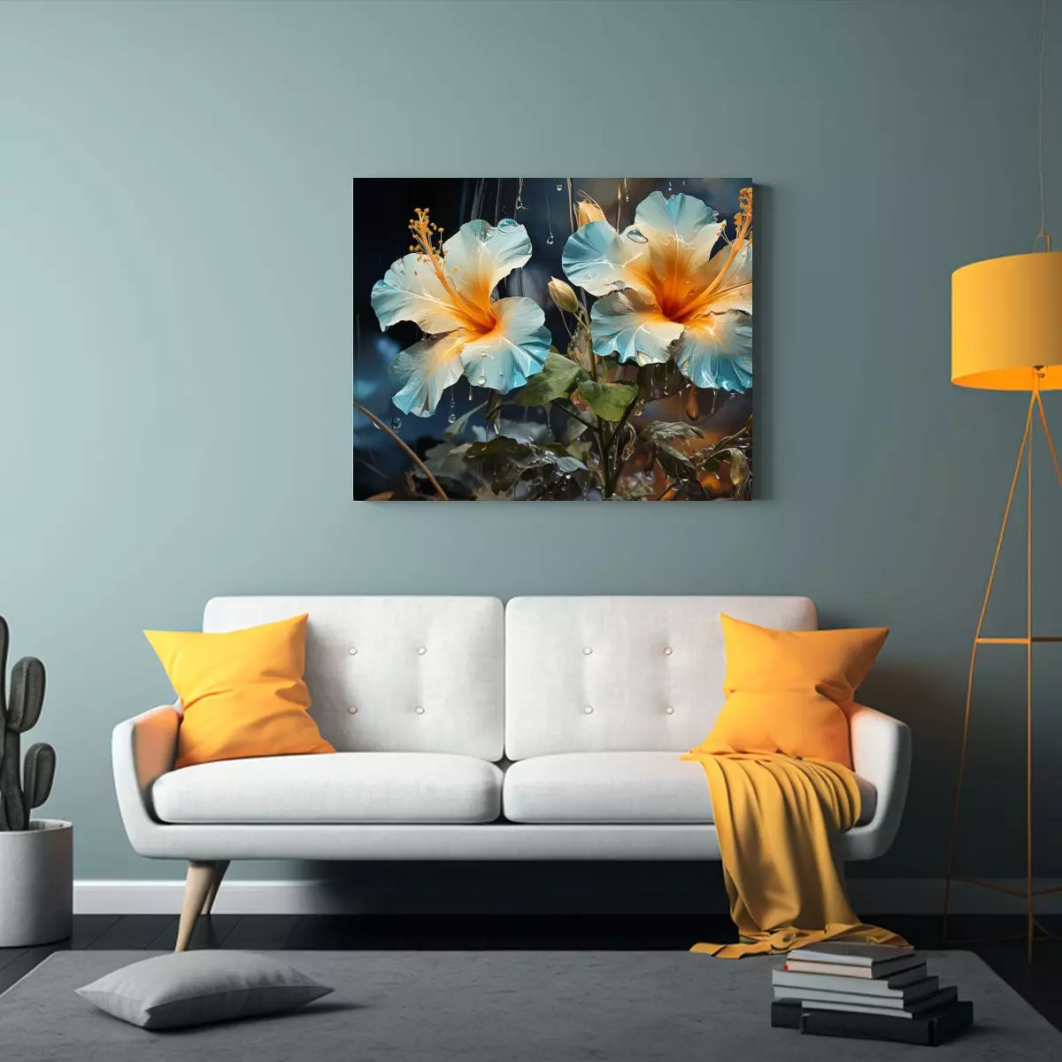 Pintura Abstracta De Hibiscos En Verde Y Dorado 50x40cm-2