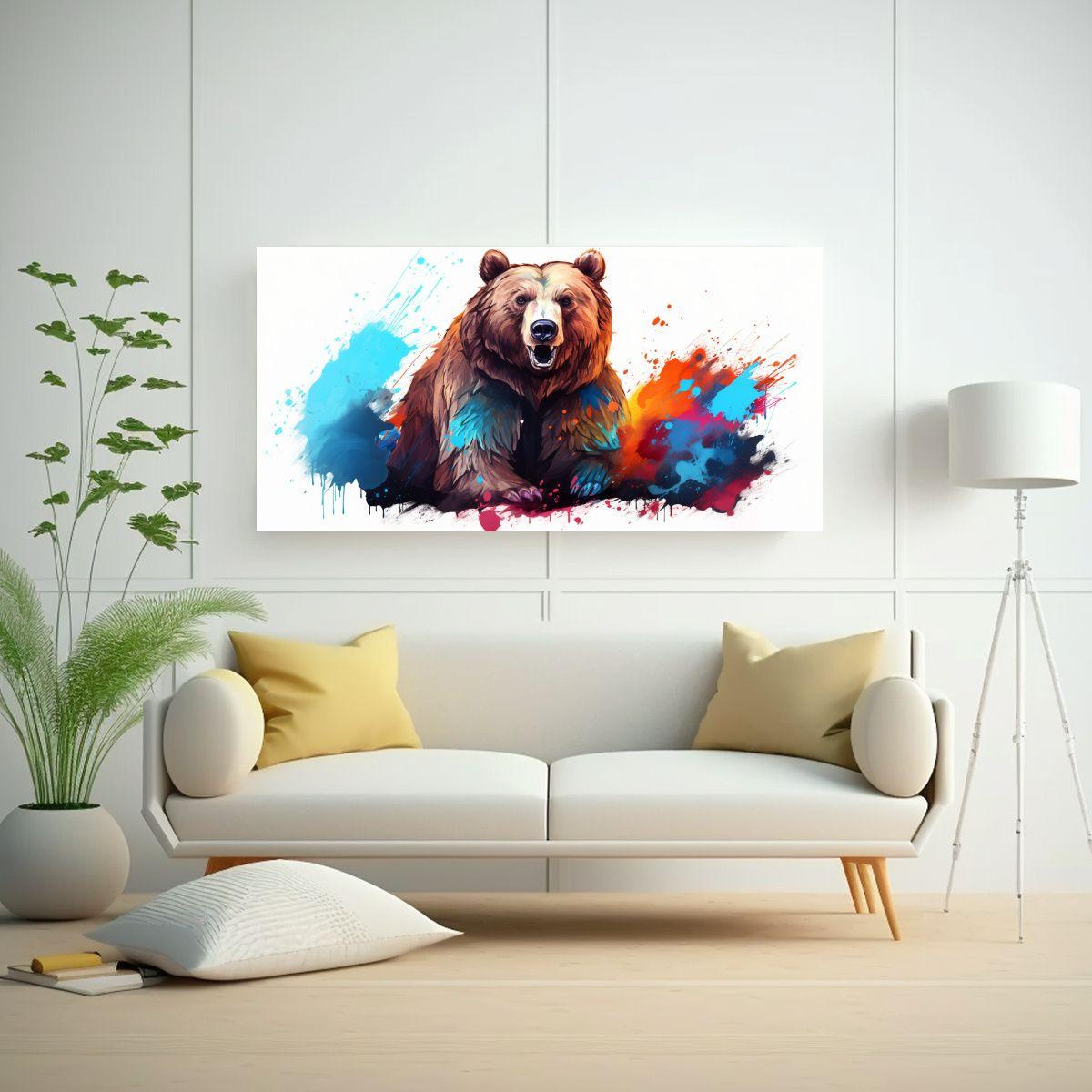 Cuadro De Oso Grizzly En Acuarelas Coloridas 140x70cm-2