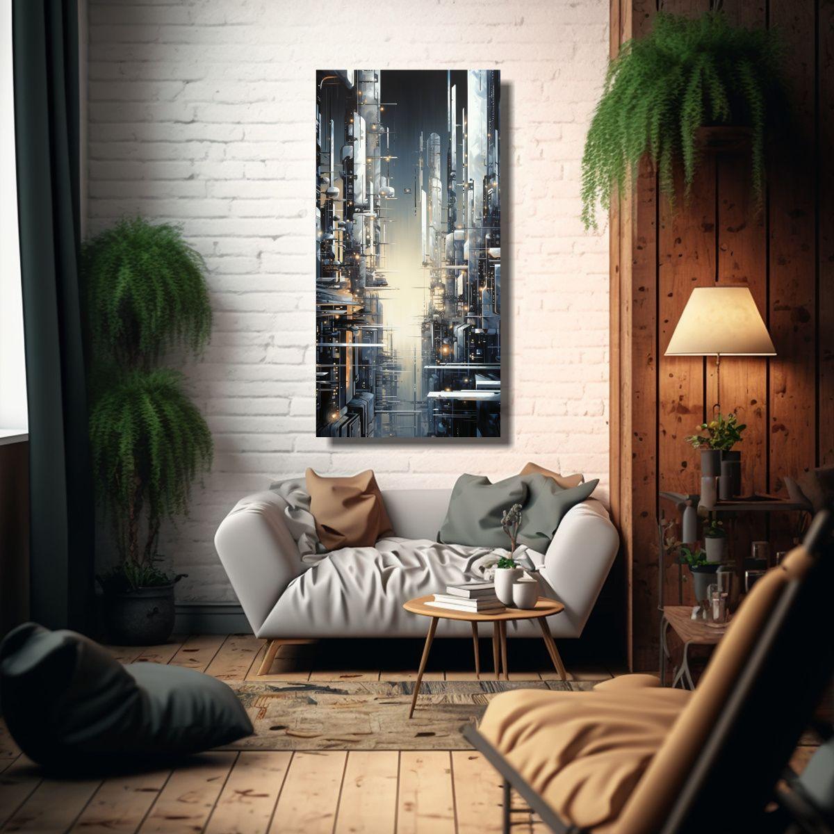 Pintura Abstracta De Una Ciudad Cibernética En 70x140cm-2