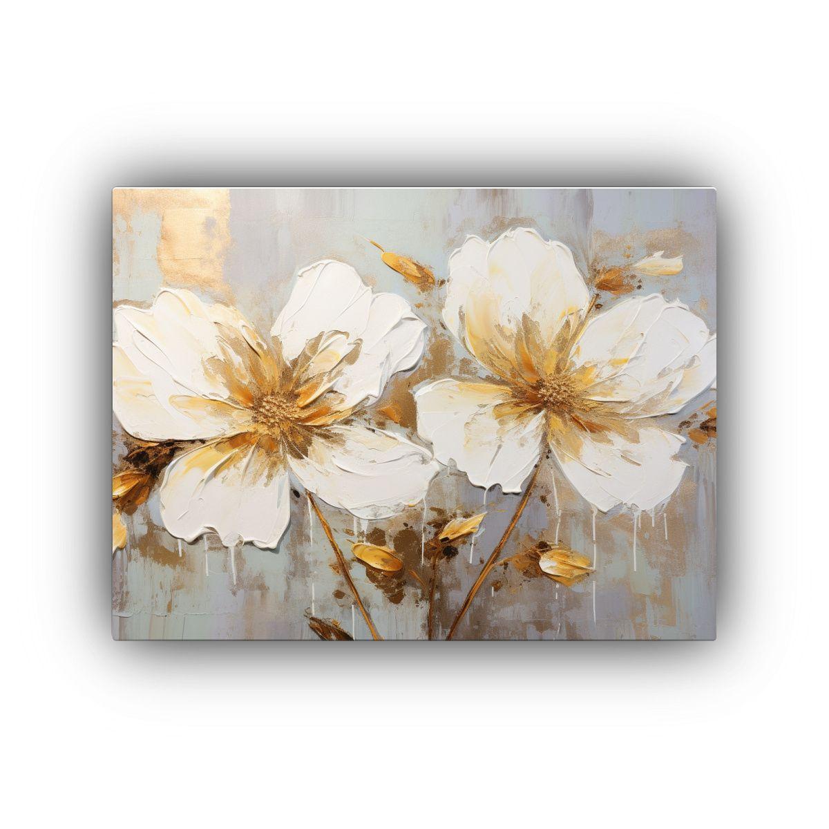 Pintura Floral Intensa En Lienzo Blanco Y Dorado Arte De Par 50x40cm-0