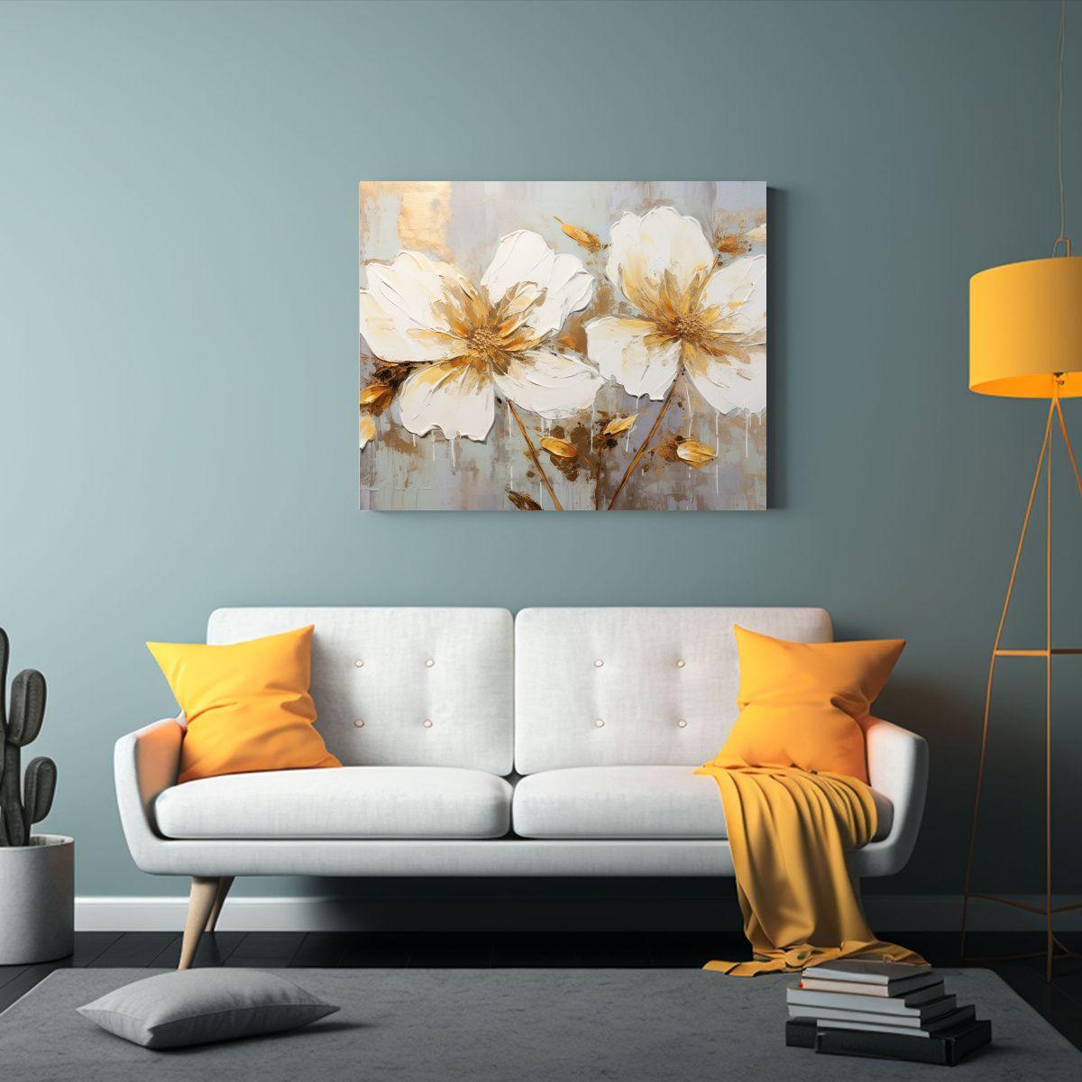 Pintura Floral Intensa En Lienzo Blanco Y Dorado Arte De Par 50x40cm-2