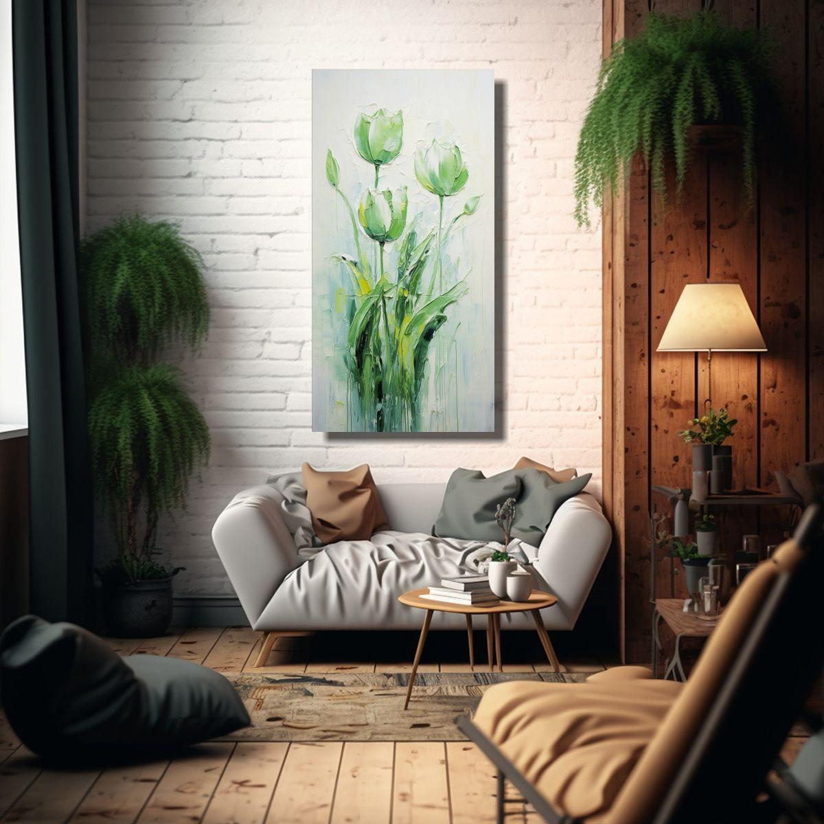 Pintura De Lienzo Con Tulipanes Verdes En El 70x140cm-2