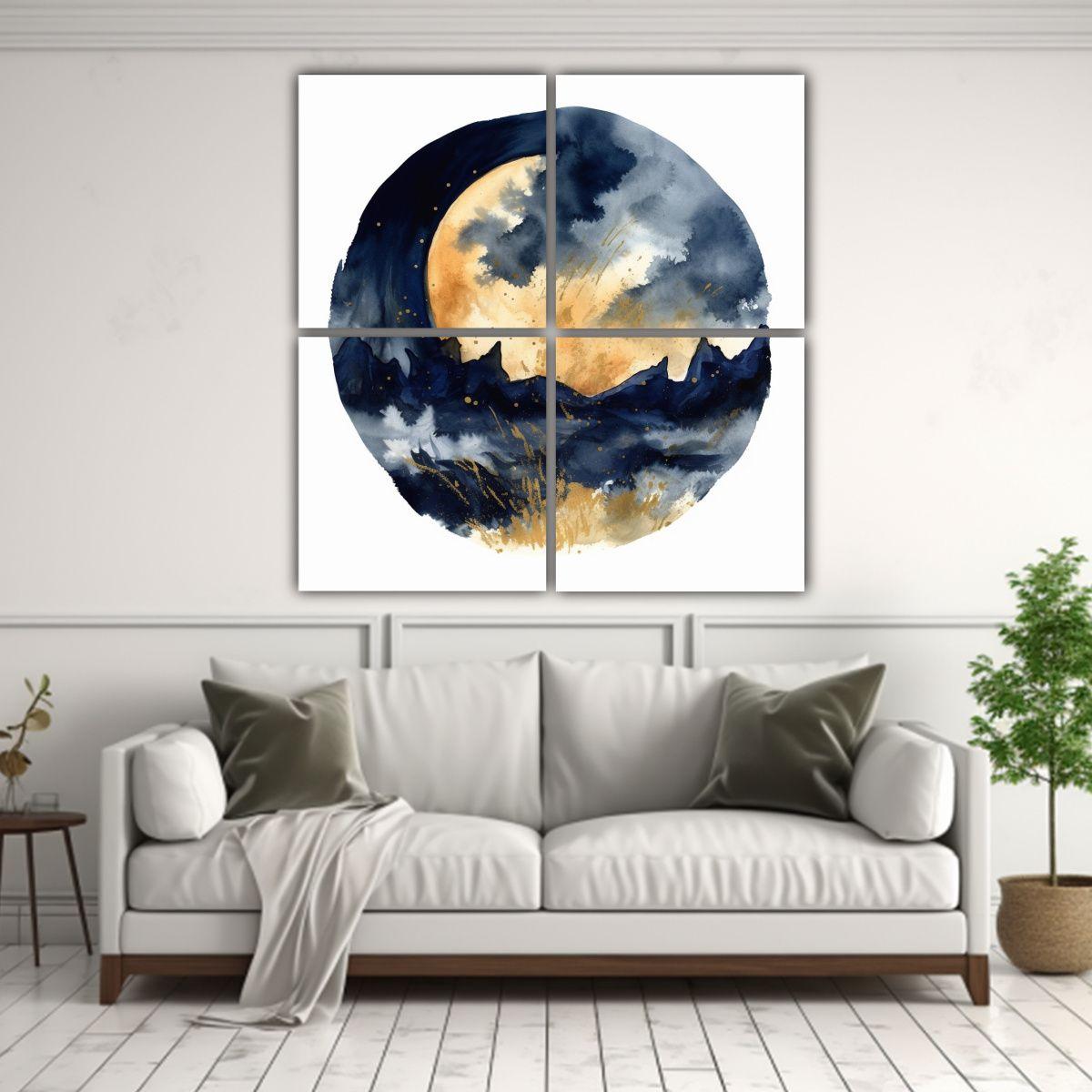 Cuatro Cuadros Tela Sublimada Watercolor Azul 200x200 Cm-2