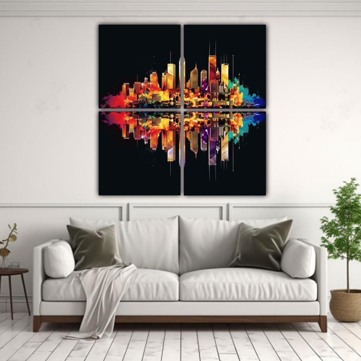Cuadro Acuarela Deco Ciudad Colorida Con Reflejo 40x40 Cm-2