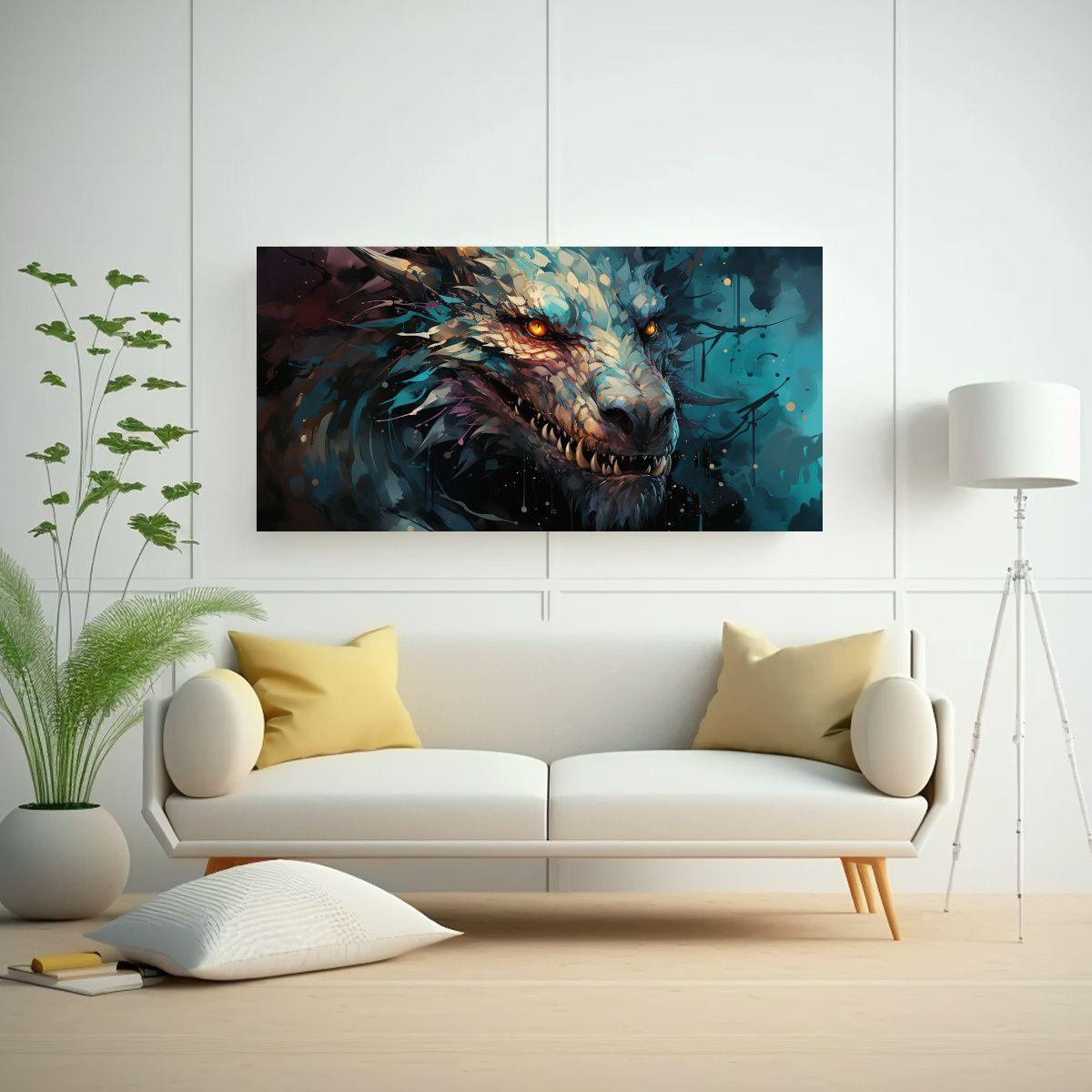 Pintura Decorativa: Dragón En Turquesa Y Negro 60x30cm-2