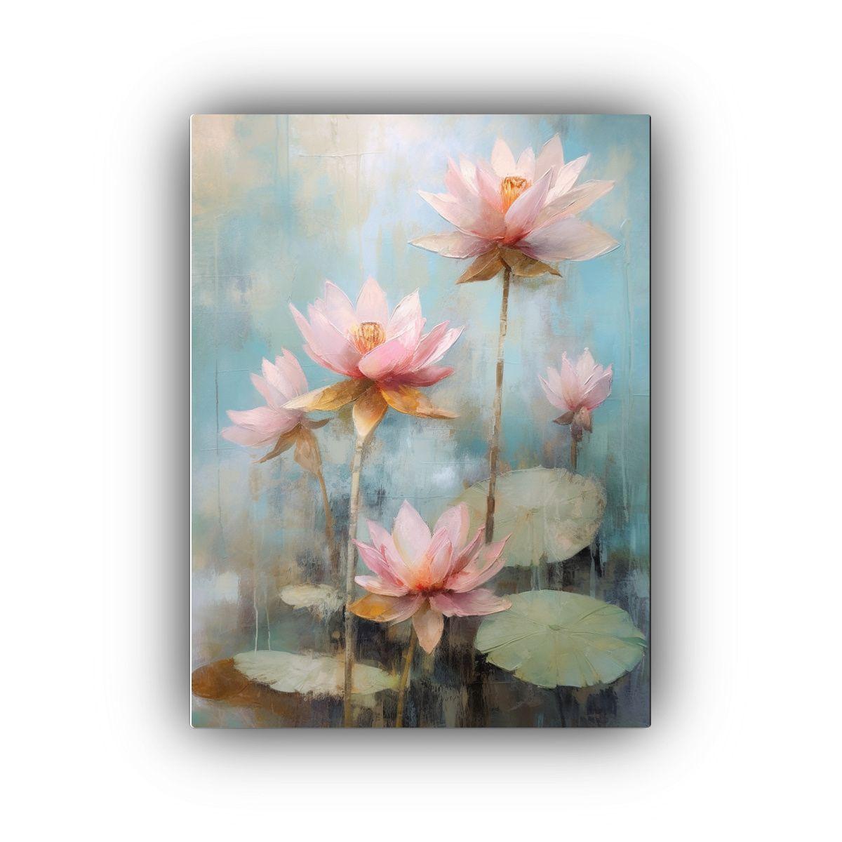 Pintura Al óleo De Hermosos Lotos Rosados 50x65 Cm-0