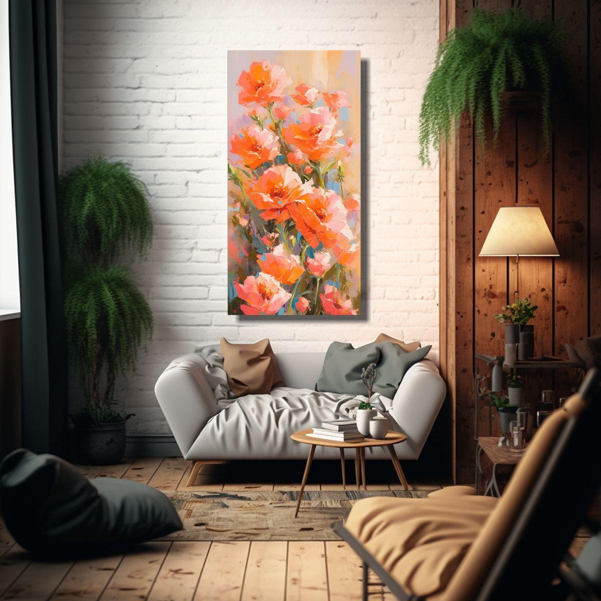 Cuadro Impreso Escena Florales En Colores Naranja 40x80cm-2