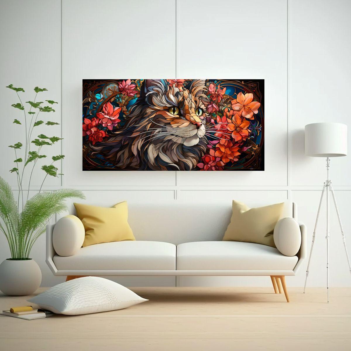 Cuadro Moderno Adorable: Gato Sonriente Vitral 100x50cm-2