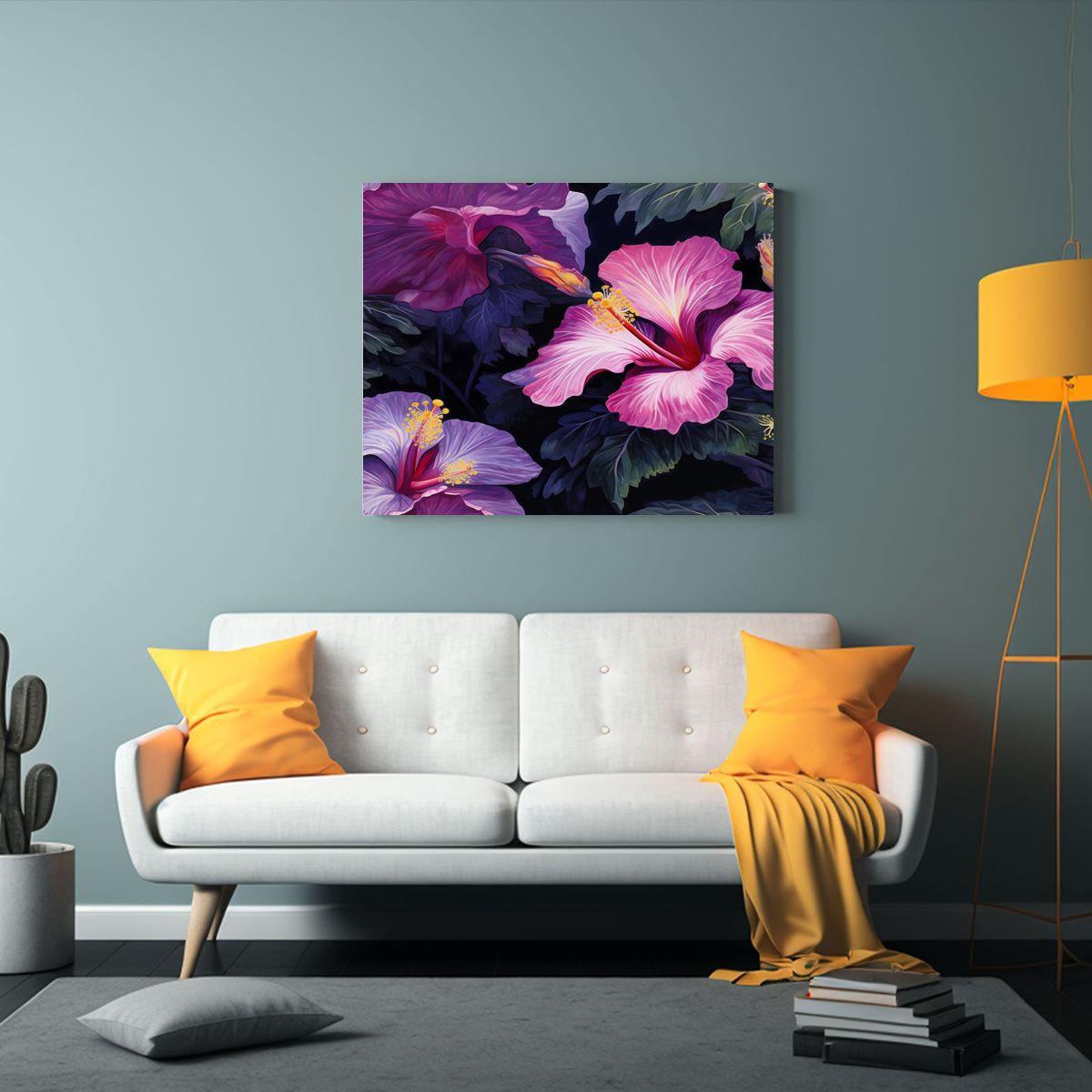 Pintura Acuarela Bastidor Abstracto Flores Hibiscus 120x80cm-2