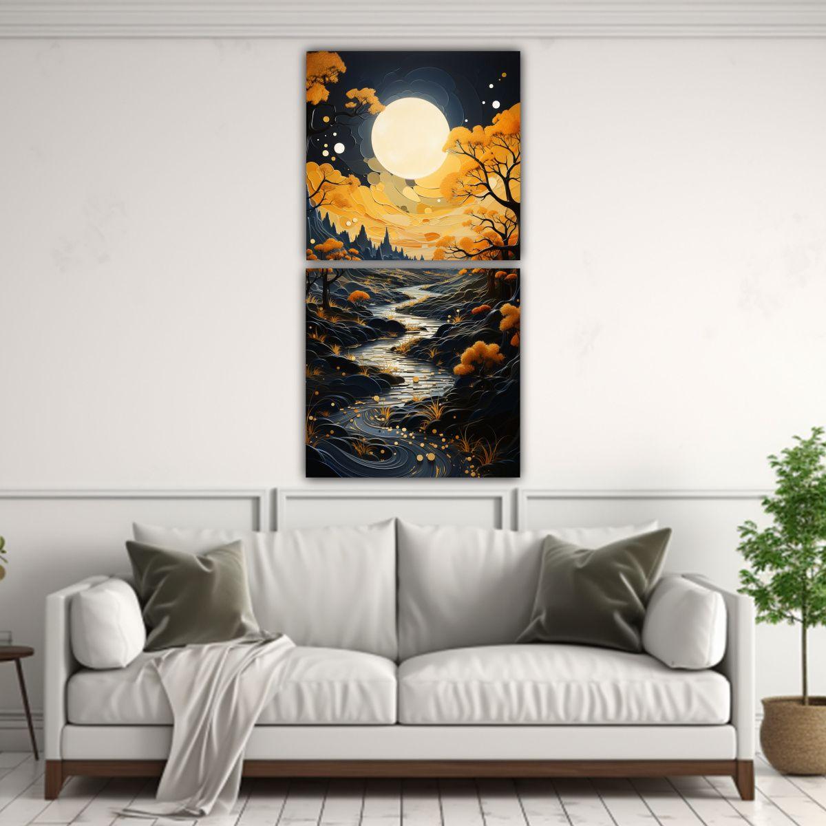 Paisaje Clásico Con Luna Y Montañas Arte Fino 50x100 Cm-2