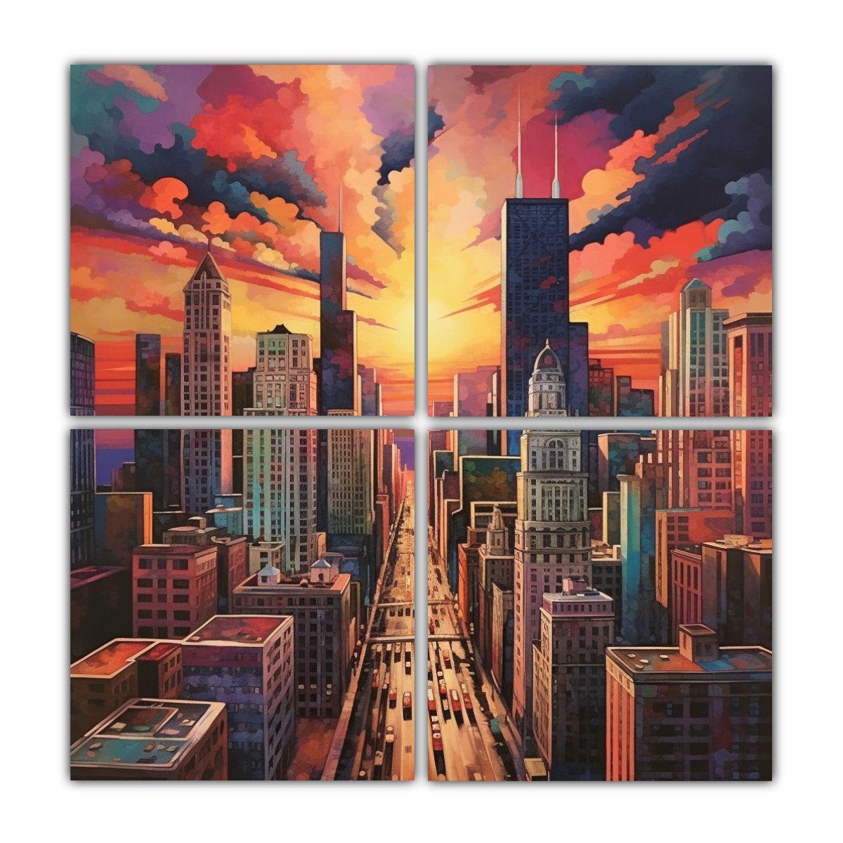 Lienzos Acuarela De La Ciudad Con Edificios Altos 140x140 Cm-0