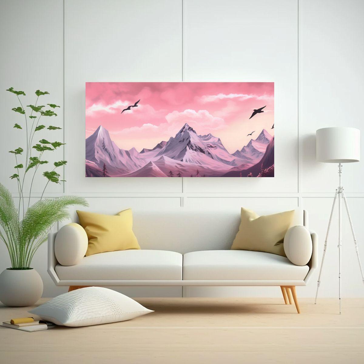 Cuadro De Tela Moderno Con Montaña Y Aves 140x70 Cm-2