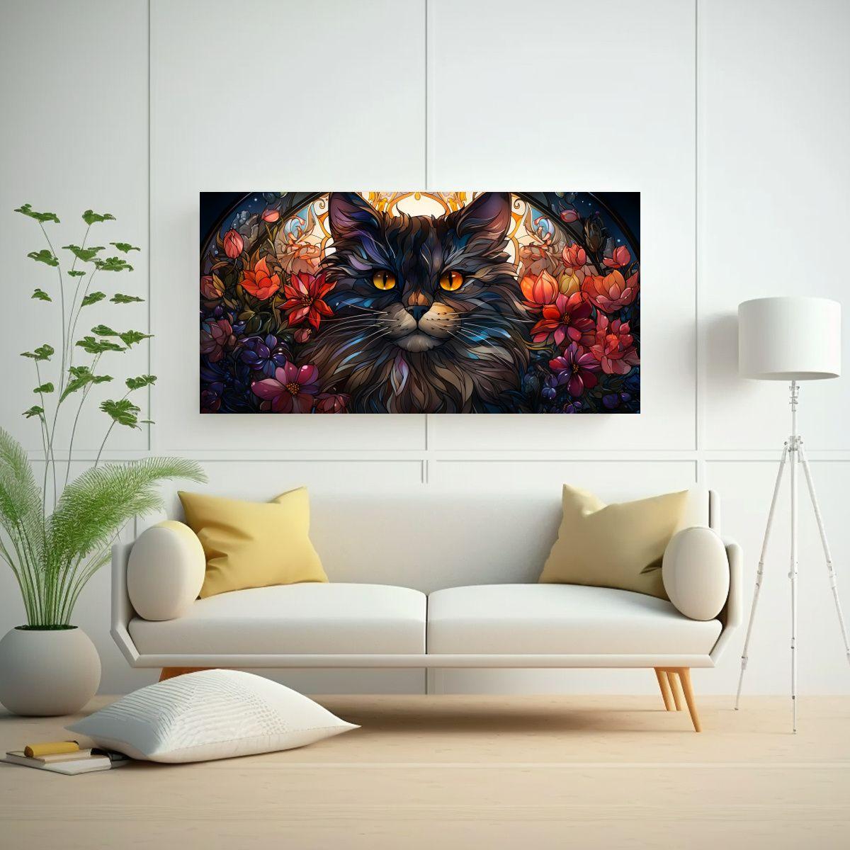 Cuadro De Vidriera Digital Obra Maestra Gato 160x80cm-2
