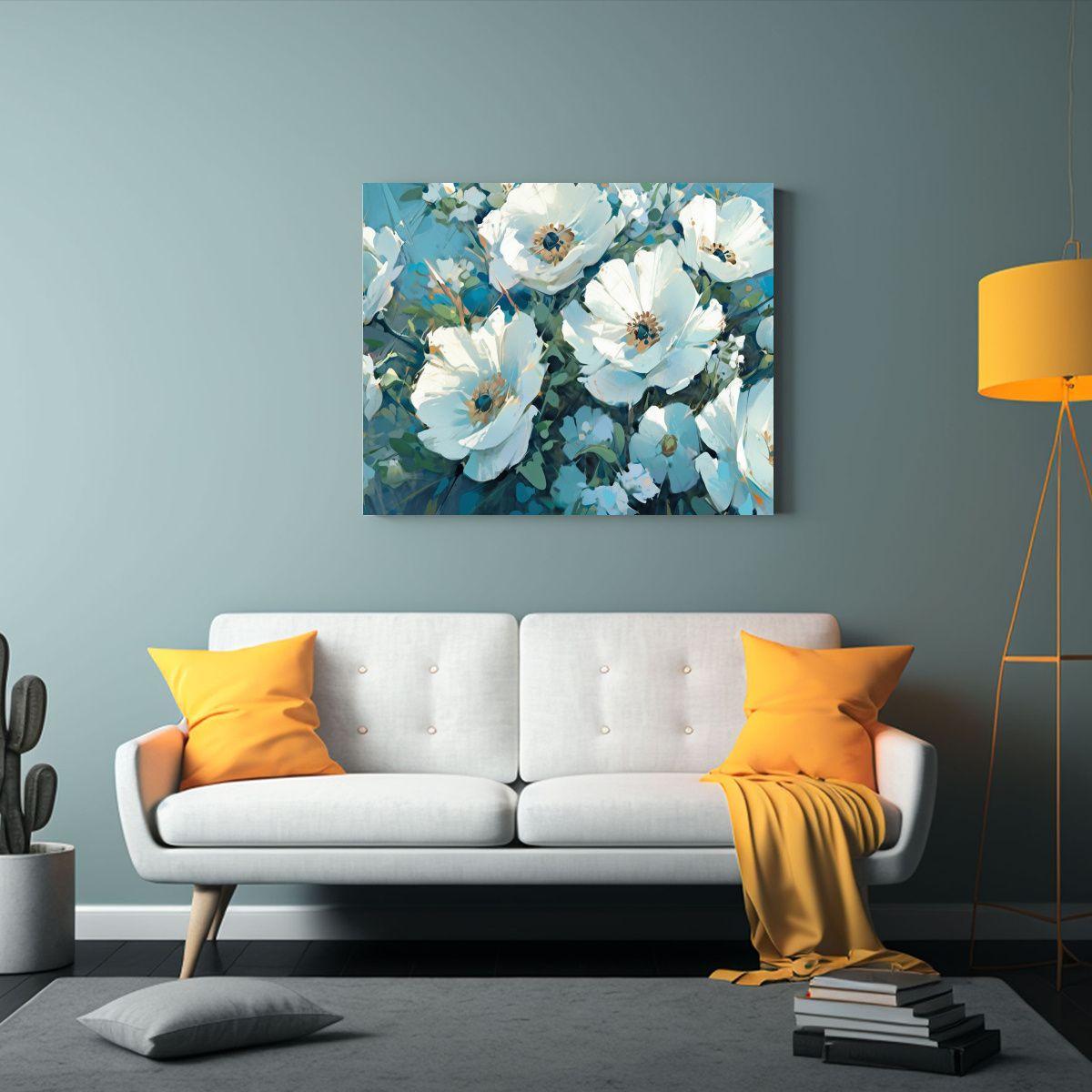 Cuadro Moderno Visual De Flores Blancas Y Turquesa En Lienzo 120x80cm-2