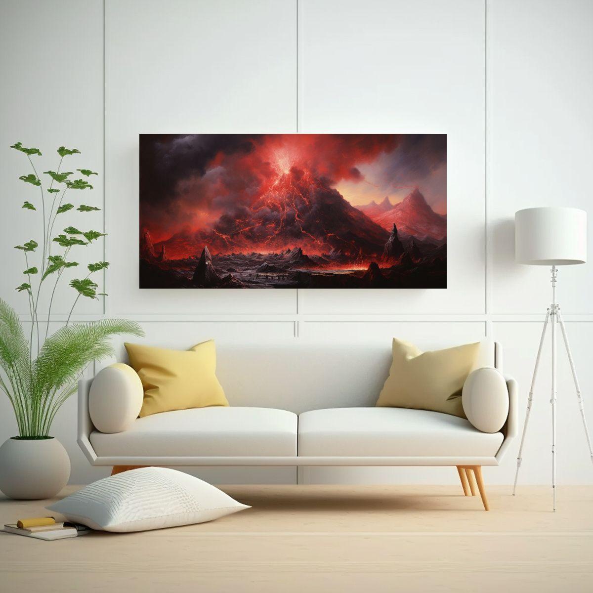 Pintura Abstracta De Volcán Con Colores Rojos En 60x30cm-2