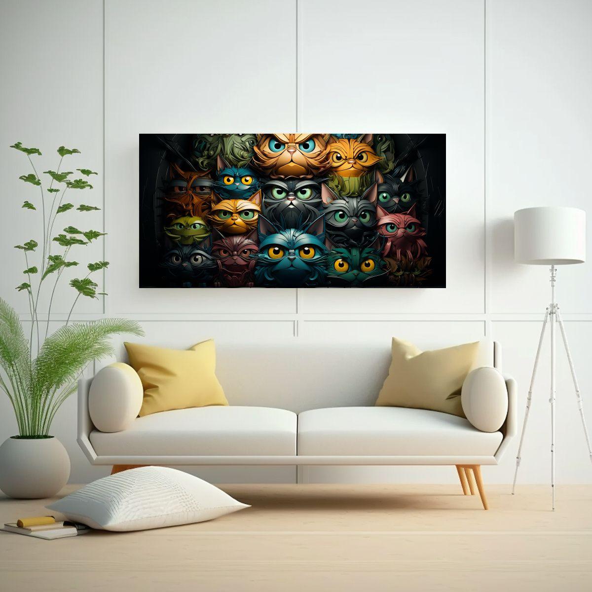 Cuadro Abstracto De Gatos De Colores Apilados. 140x70cm-2