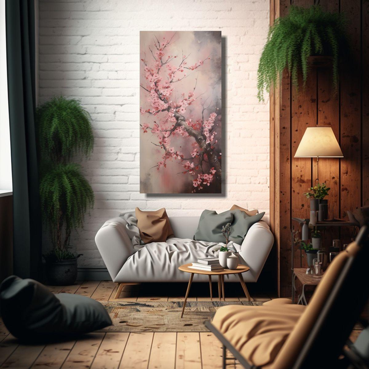 Pintura Abstracta De Sakura En Lienzo Resistente 50x100cm-2