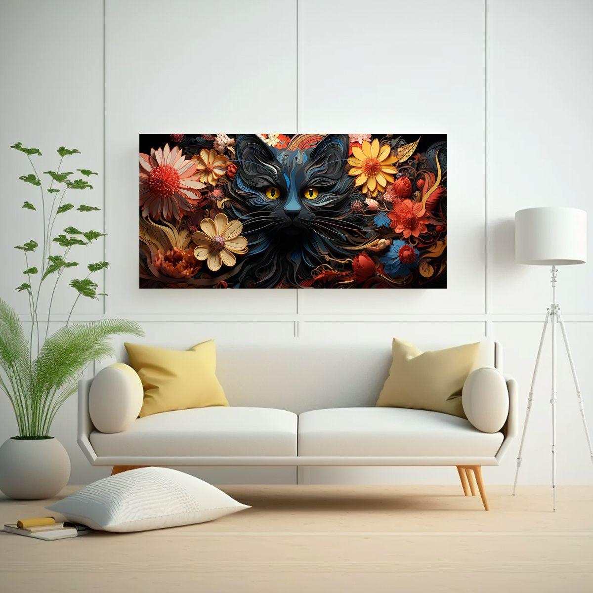 Cuadro Vidriera Gato Negro Sonriente Adorable 140x70cm-2