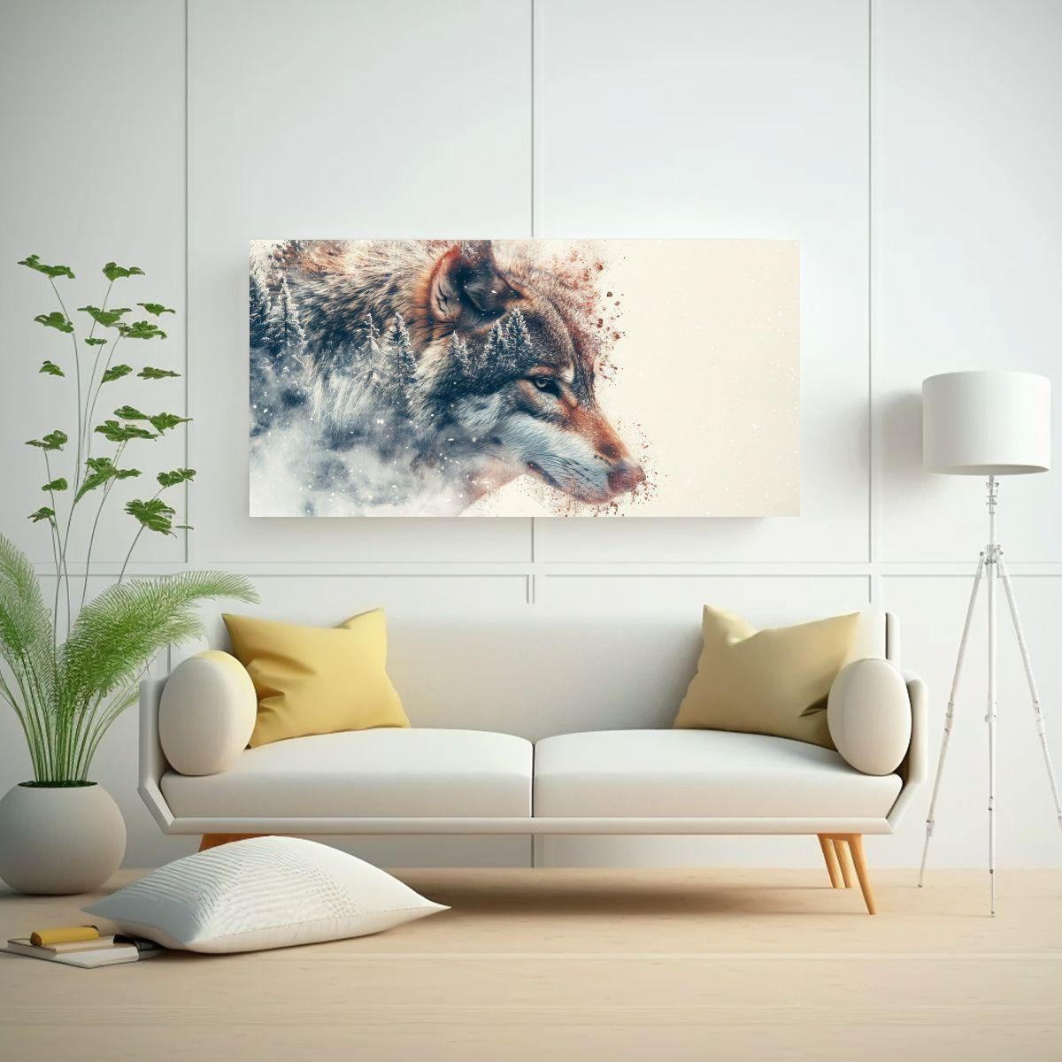 Pintura Minimalista Lobo Bosque Invernal Doble 100x50cm-2
