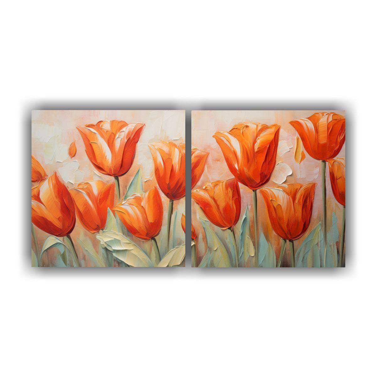 Pintura En Lienzo De Tulipanes Naranjas Estilo 40x20 Cm-0