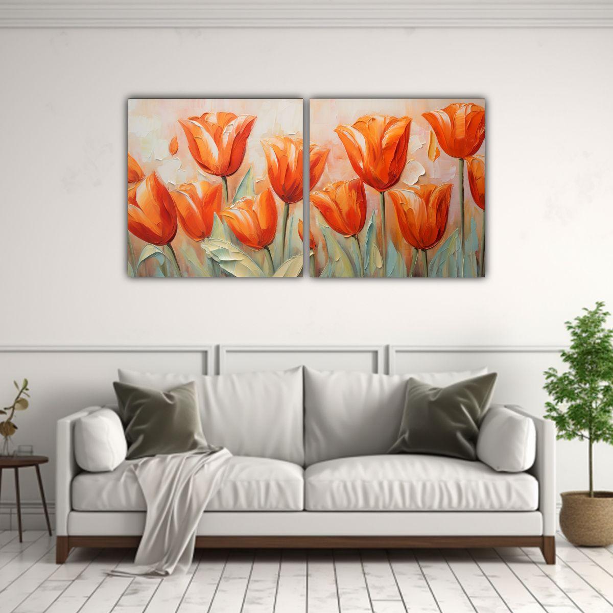 Pintura En Lienzo De Tulipanes Naranjas Estilo 40x20 Cm-2