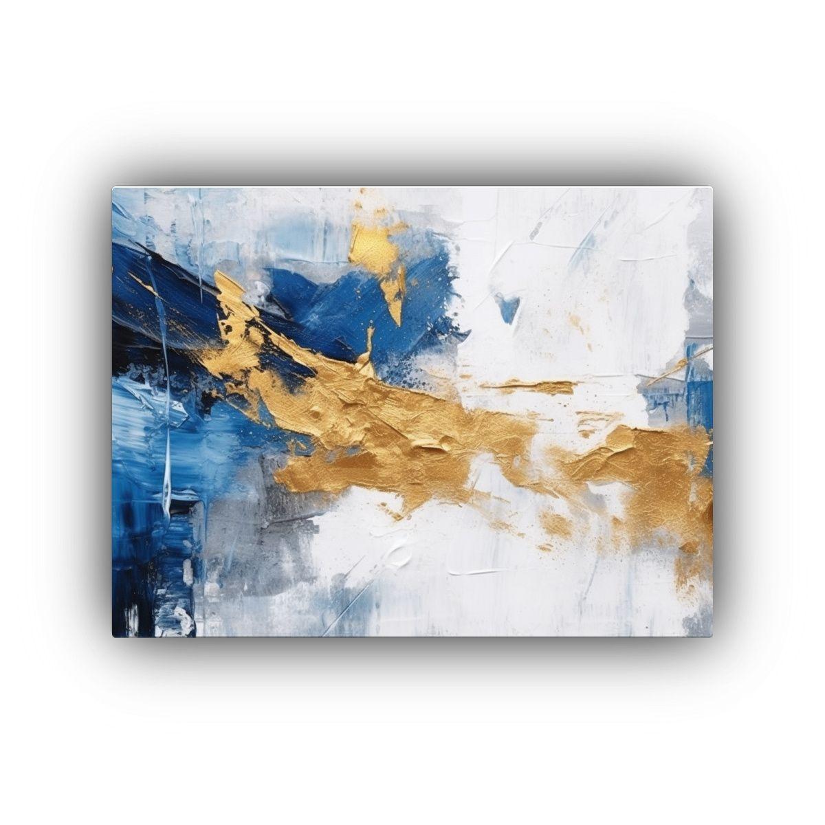 Pintura Abstracta En Lienzo Moderno En Azul, Blanco Y Dorado 75x50cm-0