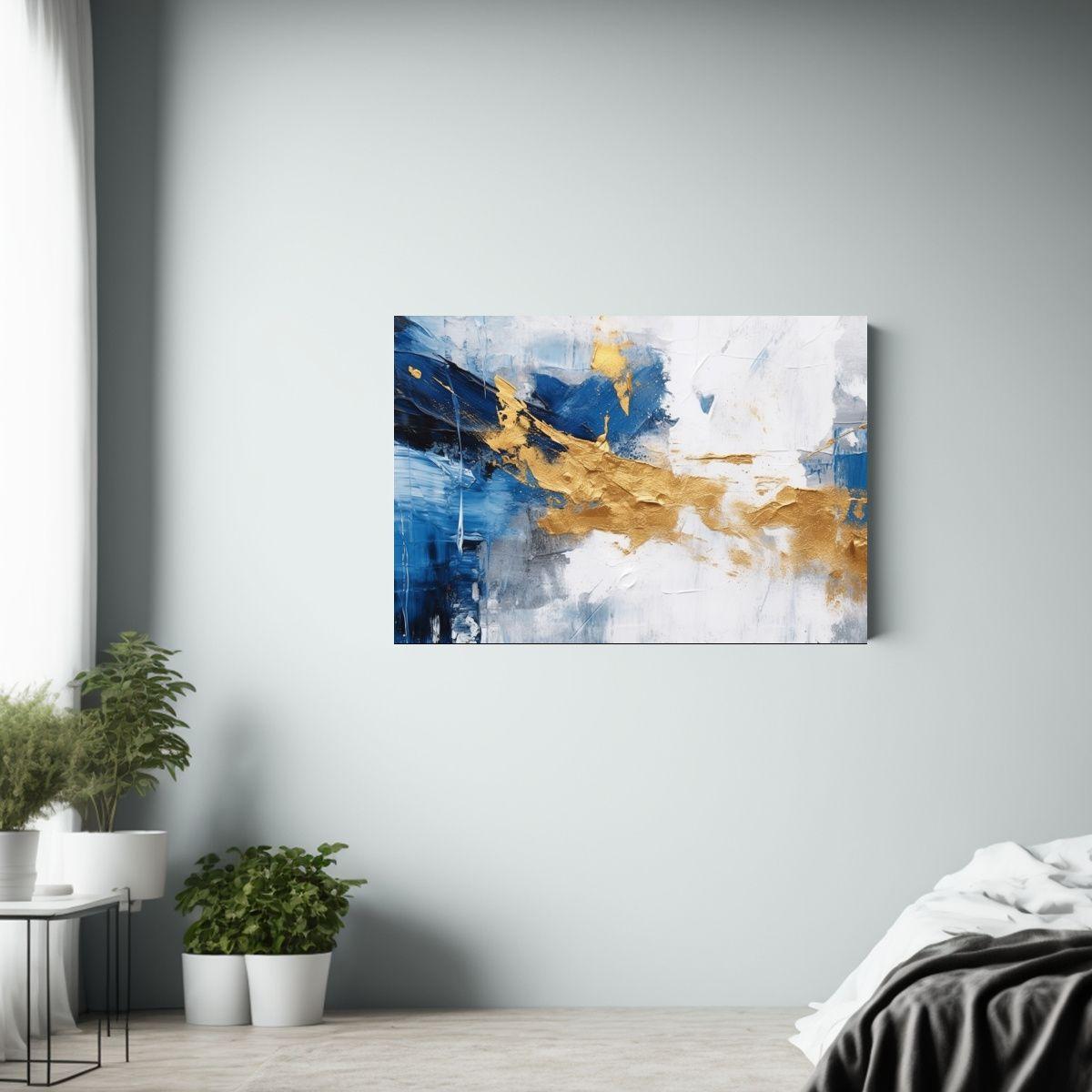 Pintura Abstracta En Lienzo Moderno En Azul, Blanco Y Dorado 75x50cm-2