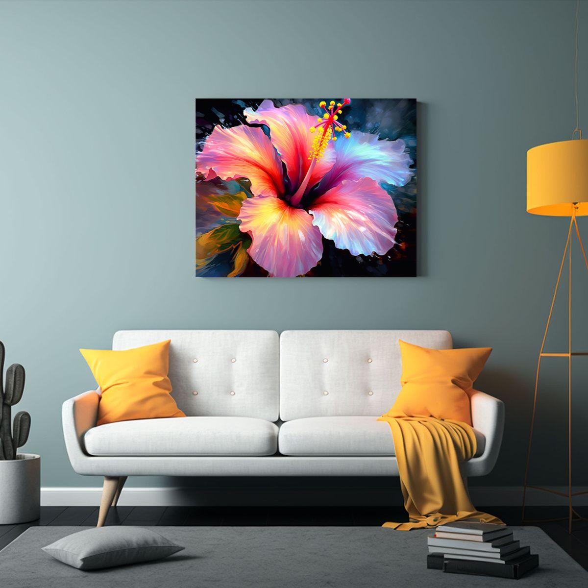 Cuadro De Arte De Pared Acuarela: Flores De Hibisco Vibrante 90x60cm-2