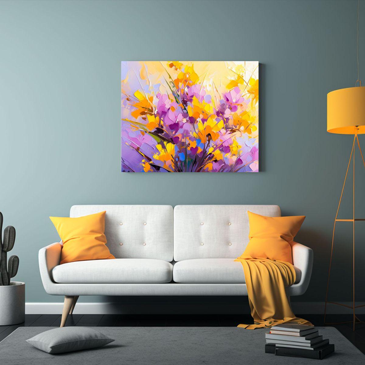 Pintura En Lienzo Con Flores Amarillas Y Moradas Para Decora 45x30cm-2