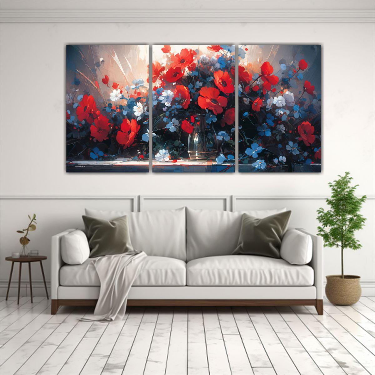 Set 3 Lienzos De Tela Imagen Moderna Flores Rojas 180x90 Cm-2