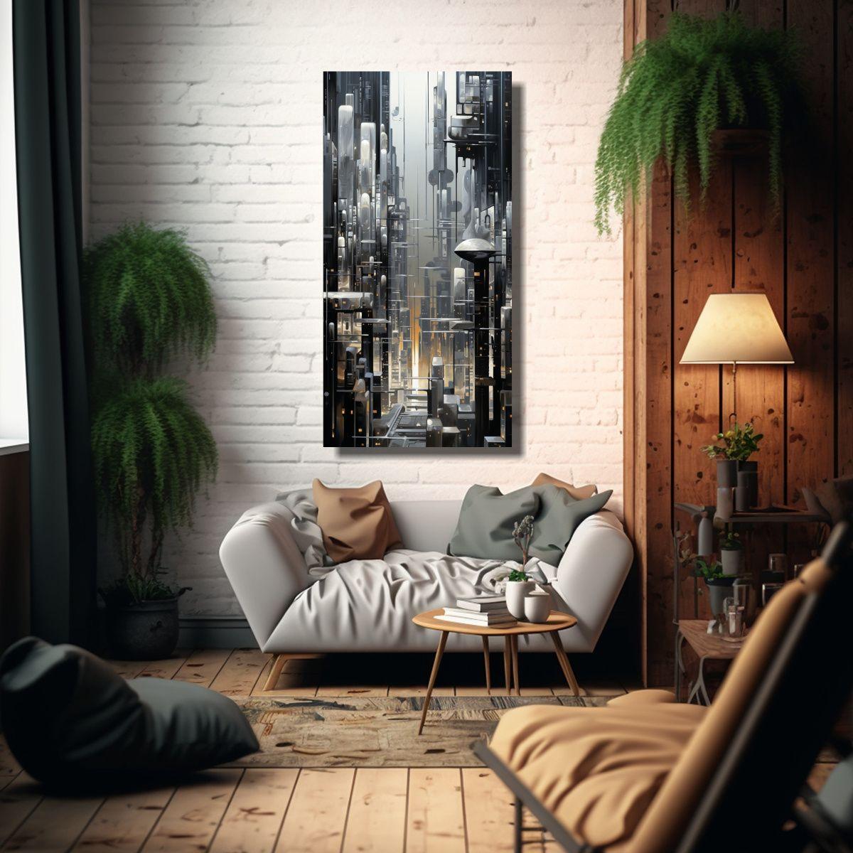 Pintura Abstracta De Una Ciudad Cibernética En 80x160 Cm-2