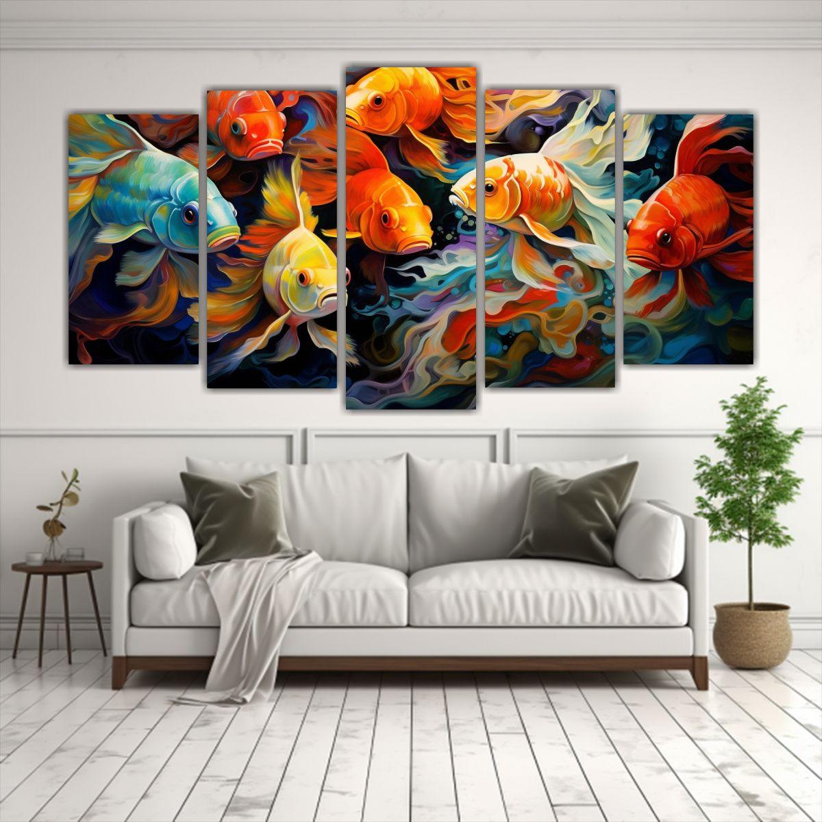 Pinturas De Peces Abstractos: Cinco Lienzos 150x75 Cm-2