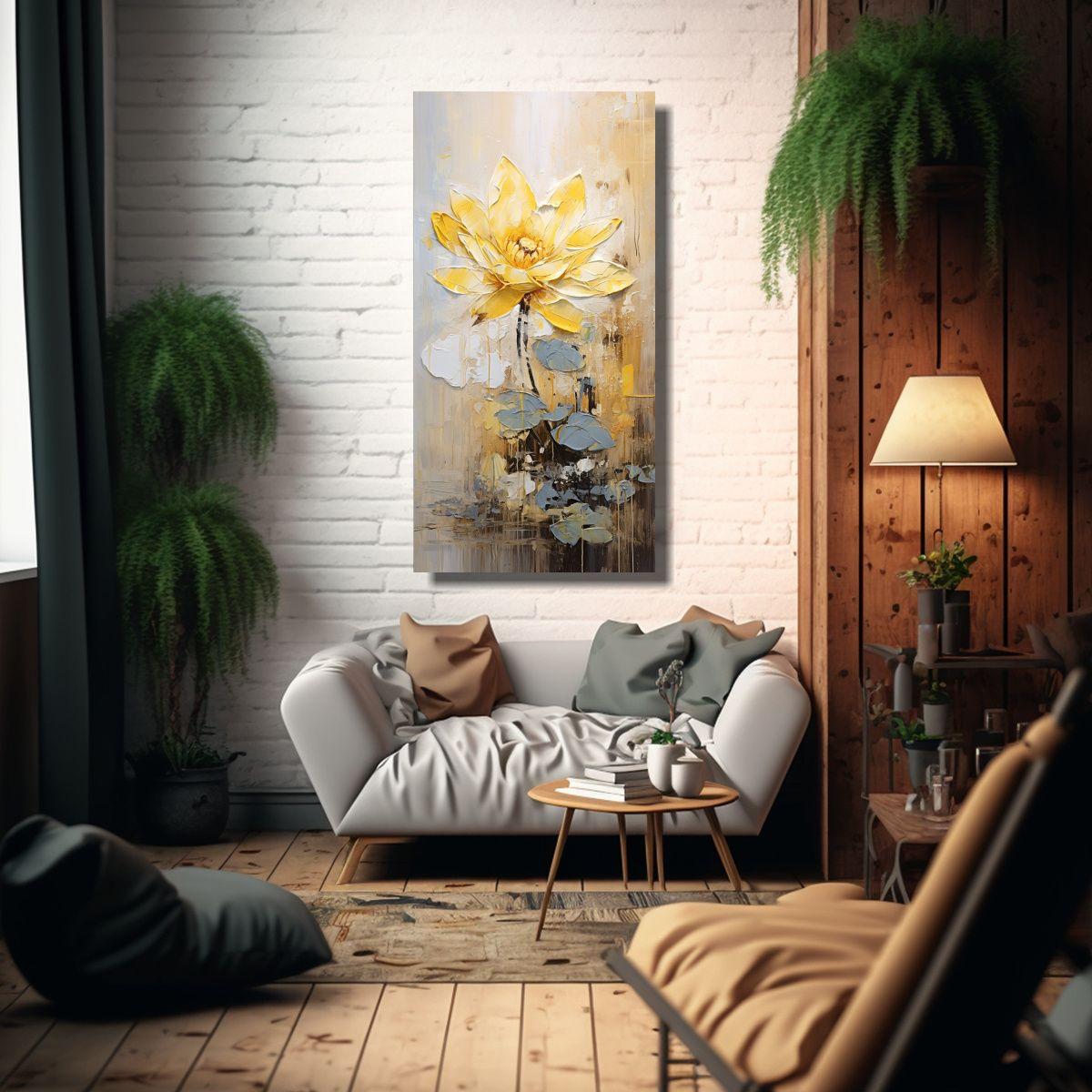 Pintura En Lienzo De Loto Amarillo En El Estilo 50x100cm-2