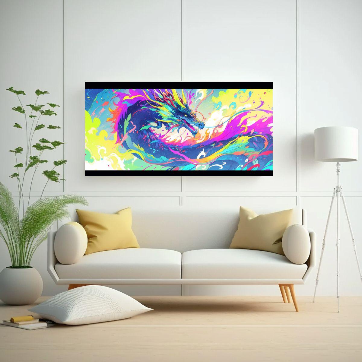 Pintura Decorativa: Dragón En Colores Arcoíris 60x30cm-2